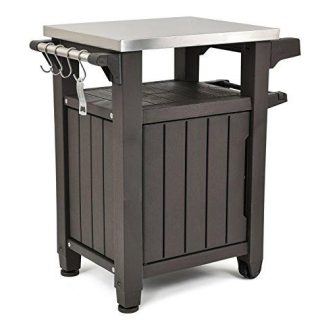 Unity Portable Outdoor Table and Storage Cabinet with Hooks for Grill Accessories-Stainless Steel Top for Patio Kitchen Island or Bar Cart, Espresso Brown