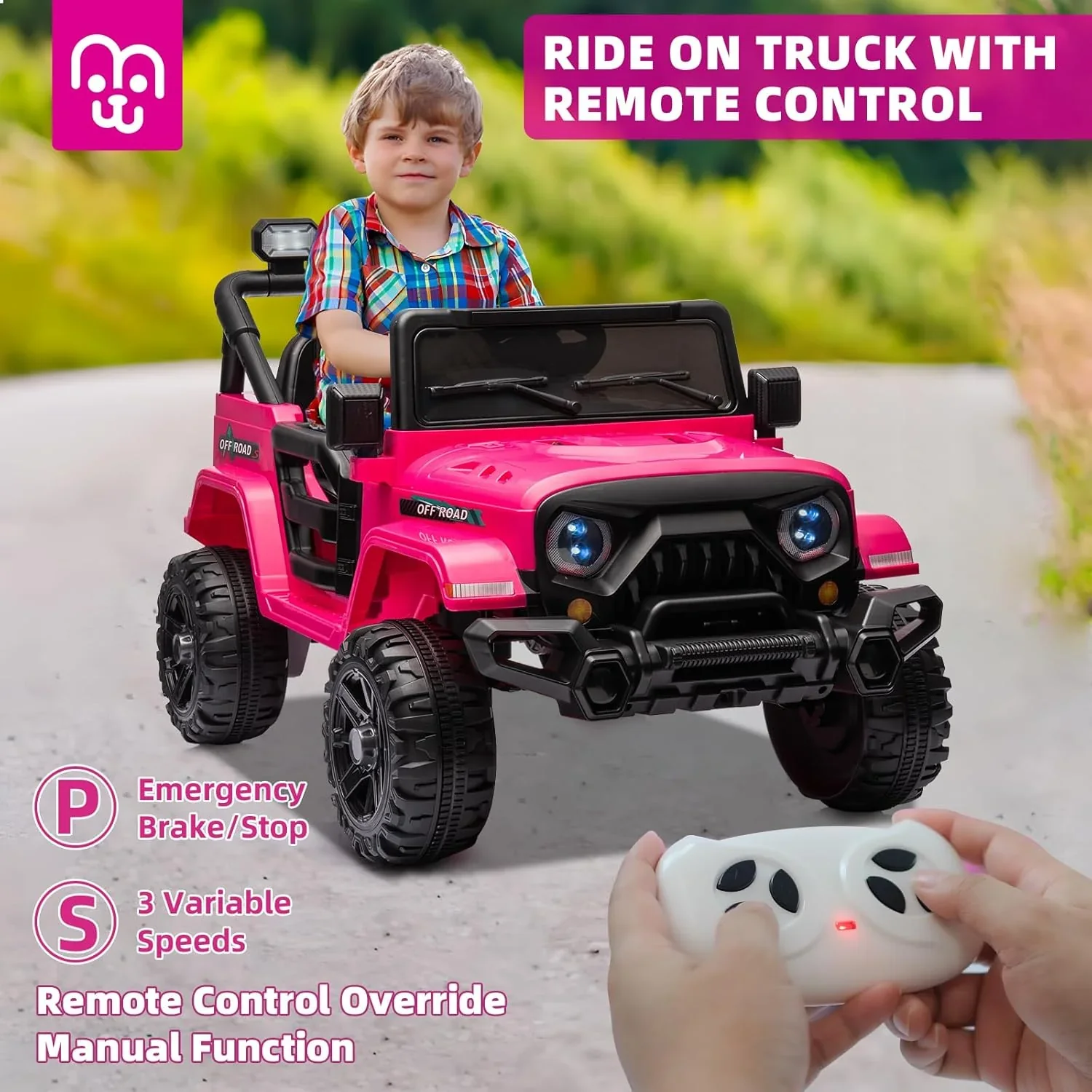 12V Kids Electric Ride on Truck Car Remote Control, Twin 35W Motors 3.5MPH Max Speed, Bluetooth USB Music Player, 4 Wheels Suspension LED Lights Safety Belt, Gift for Boy & Girl-Rosy - Image 4