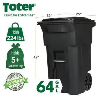 Toter 64 Gallon Black Outdoor Trash Can With Wheels And Lid - Image 2