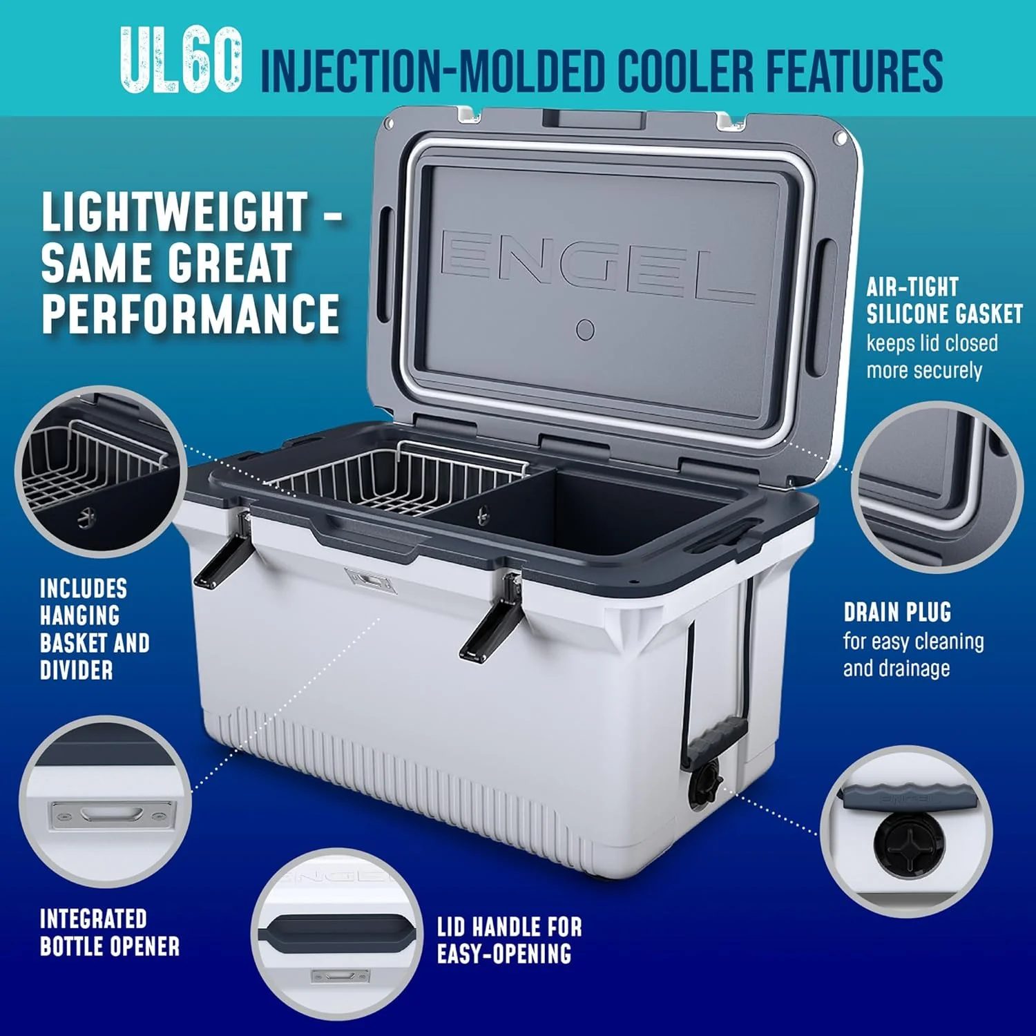 60 QT Ultra-Light Injection Molded Cooler - Ice Chest Keeps Ice up to 7 Days - Large Cooler Includes Wire Basket, Divider and Built-in Bottle Opener - Image 4