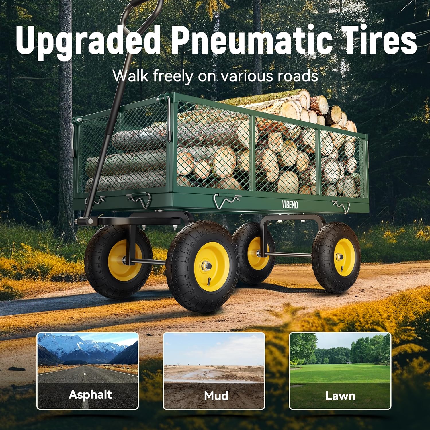 Steel Garden Cart 2-in-1 1400 lbs Heavy Duty Utility Wagon with Removable Mesh Sides to Convert into Flatbed 240?? U-Turn 13" Pneumatic Tires Garden Wagon for Farm Yard Lawn Garden Camping - Image 22