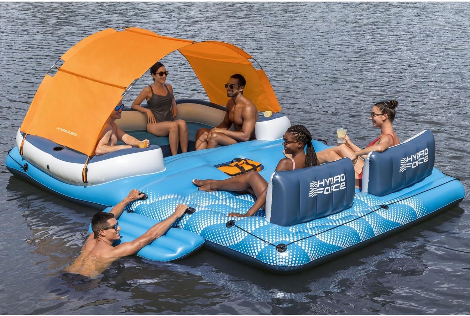 Tropical Breeze 6 Person Inflatable Party Island Large Relaxing Water Float with Detachable Sunshade and Cooler Bag - Image 3