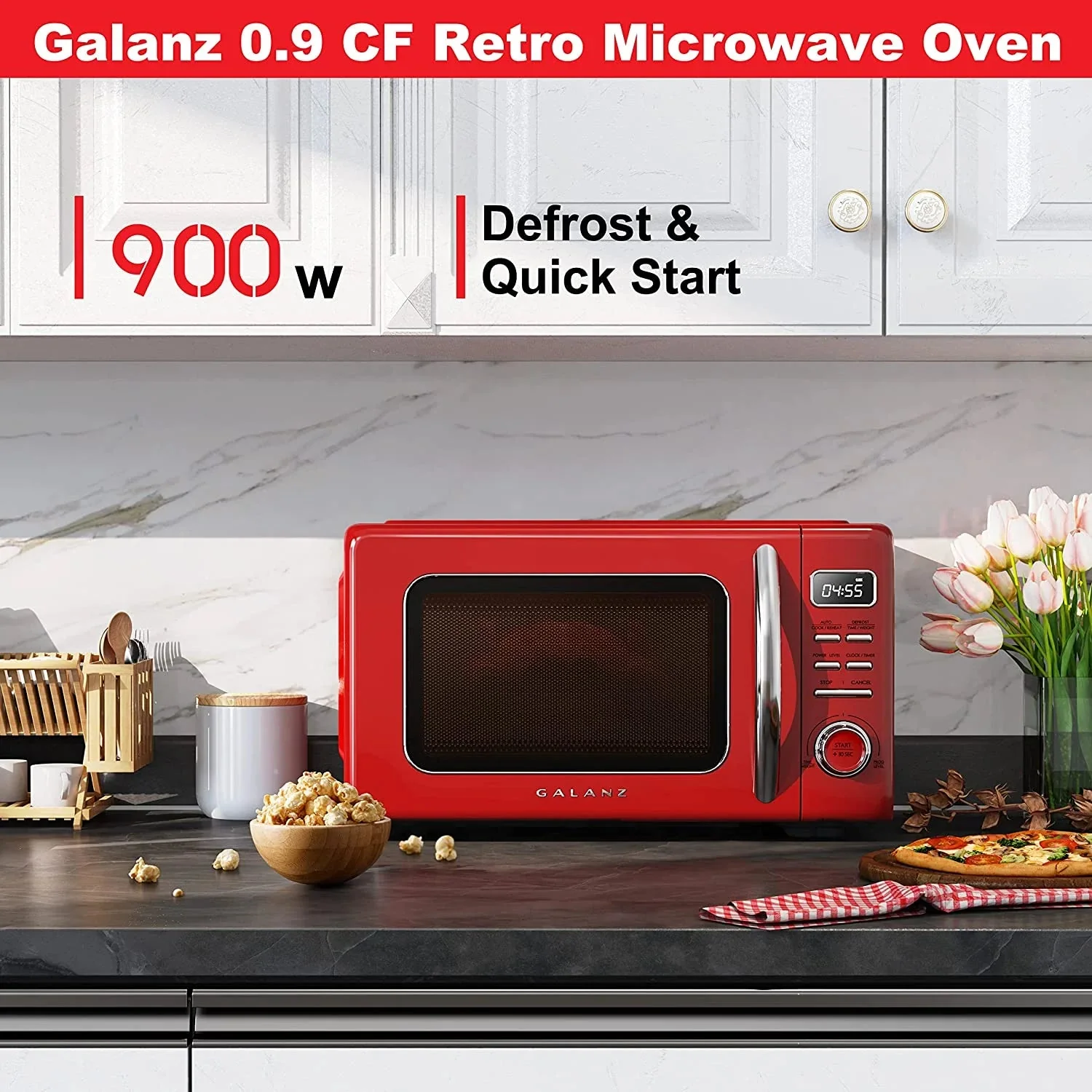 Galanz Retro Countertop Microwave Oven, 0.9 cu ft, Red - GLCMKZ09RDR09 - Image 2