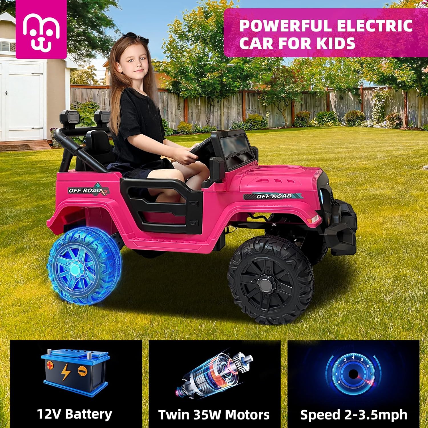 12V Kids Electric Ride on Truck Car Remote Control, Twin 35W Motors 3.5MPH Max Speed, Bluetooth USB Music Player, 4 Wheels Suspension LED Lights Safety Belt, Gift for Boy & Girl-Rosy - Image 6