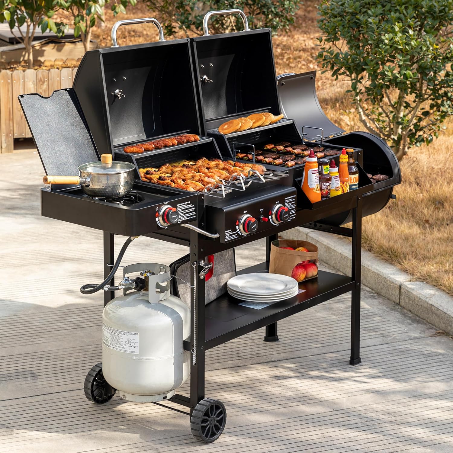 2-Burner Gas & Charcoal Combo Grill with Smoker & Side Burner, 34,000 BTU, 1020 Sq In, Black - Image 8