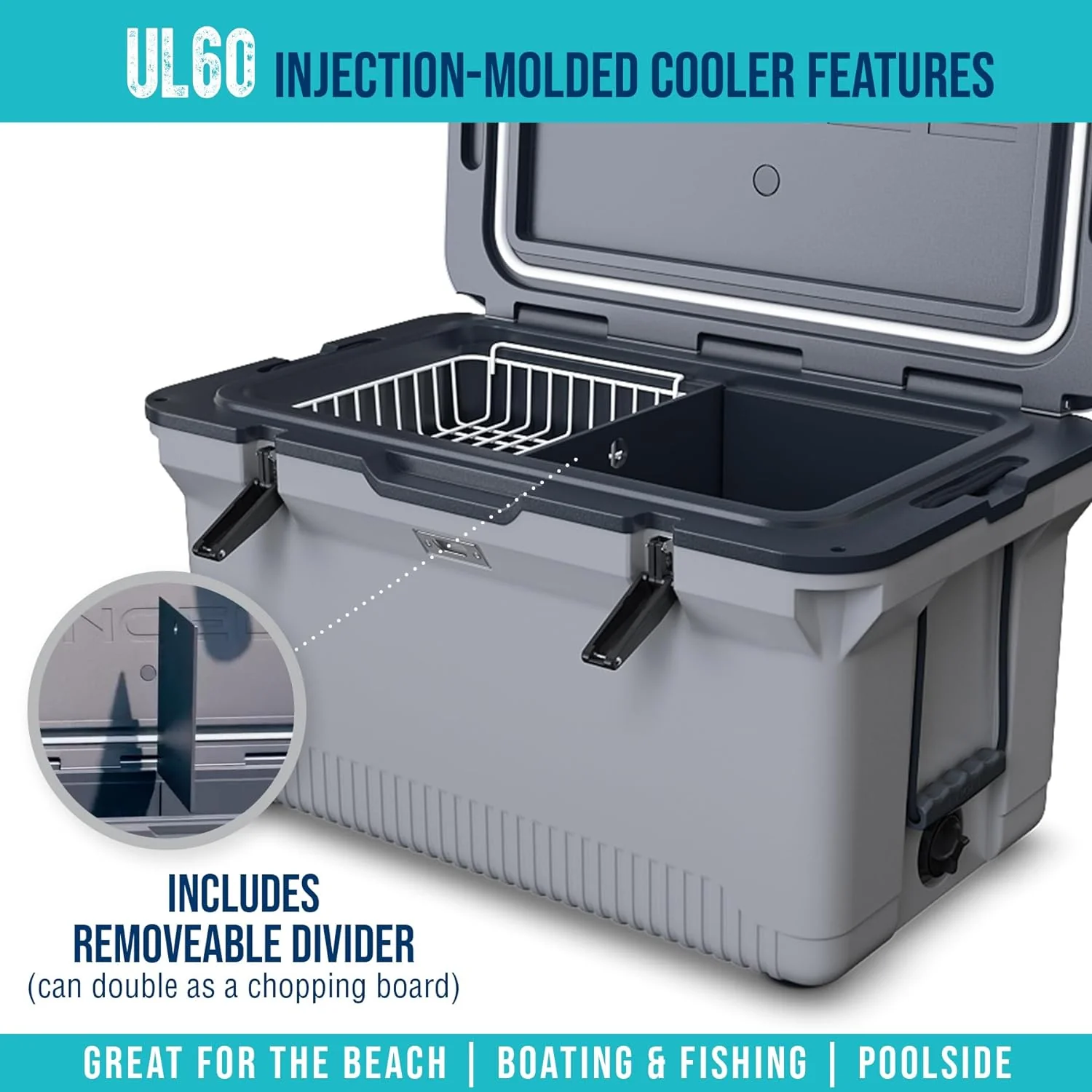 60 QT Ultra-Light Injection Molded Cooler - Ice Chest Keeps Ice up to 7 Days - Large Cooler Includes Wire Basket, Divider and Built-in Bottle Opener - Image 16