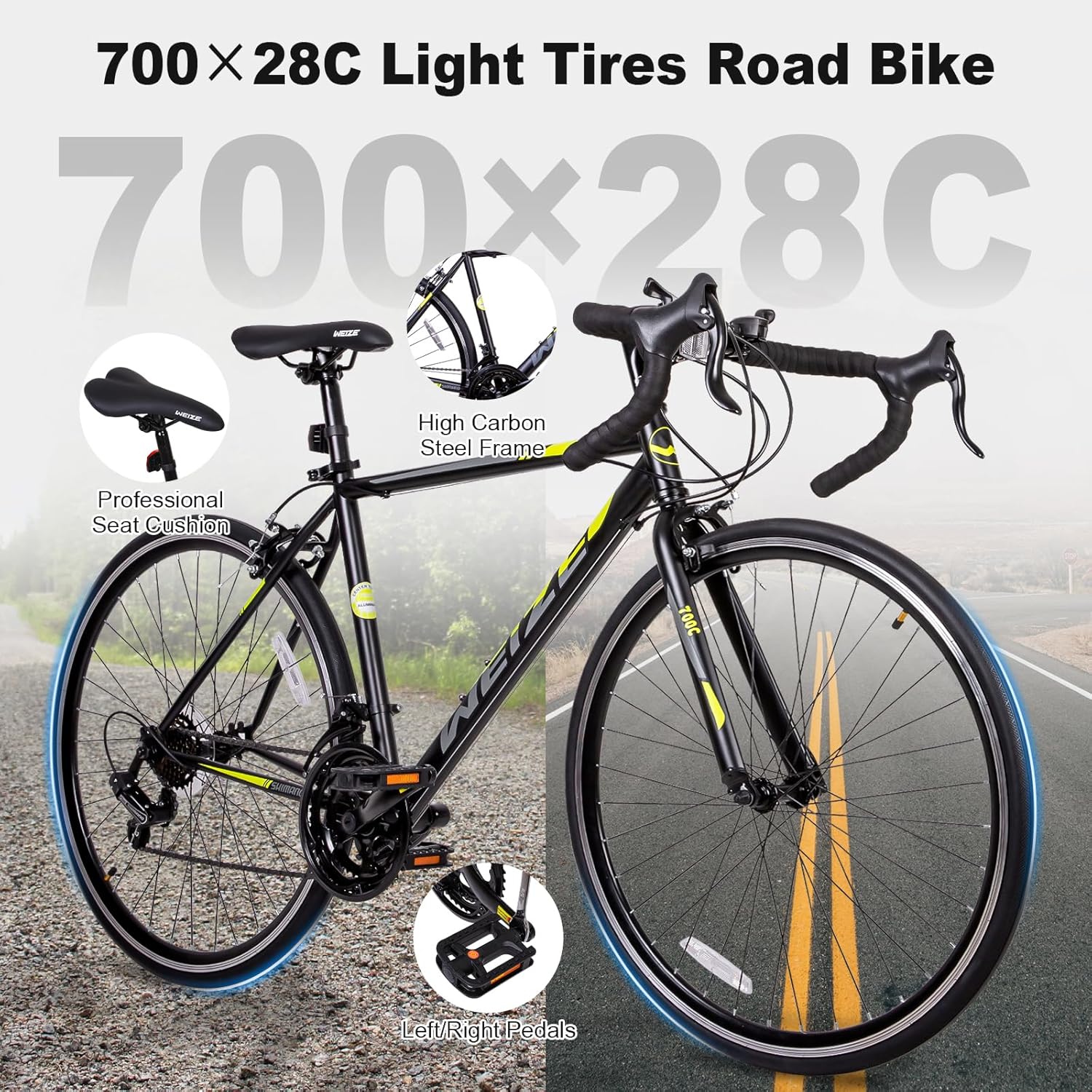 WEIZE Road Bike, 700C Wheel City Commuter Bicycle, Shimano 14 Speed Drop Bar, Racing Adult Bike with Caliper Brakes, High-Carbon Steel Hybrid Bikes - Image 14