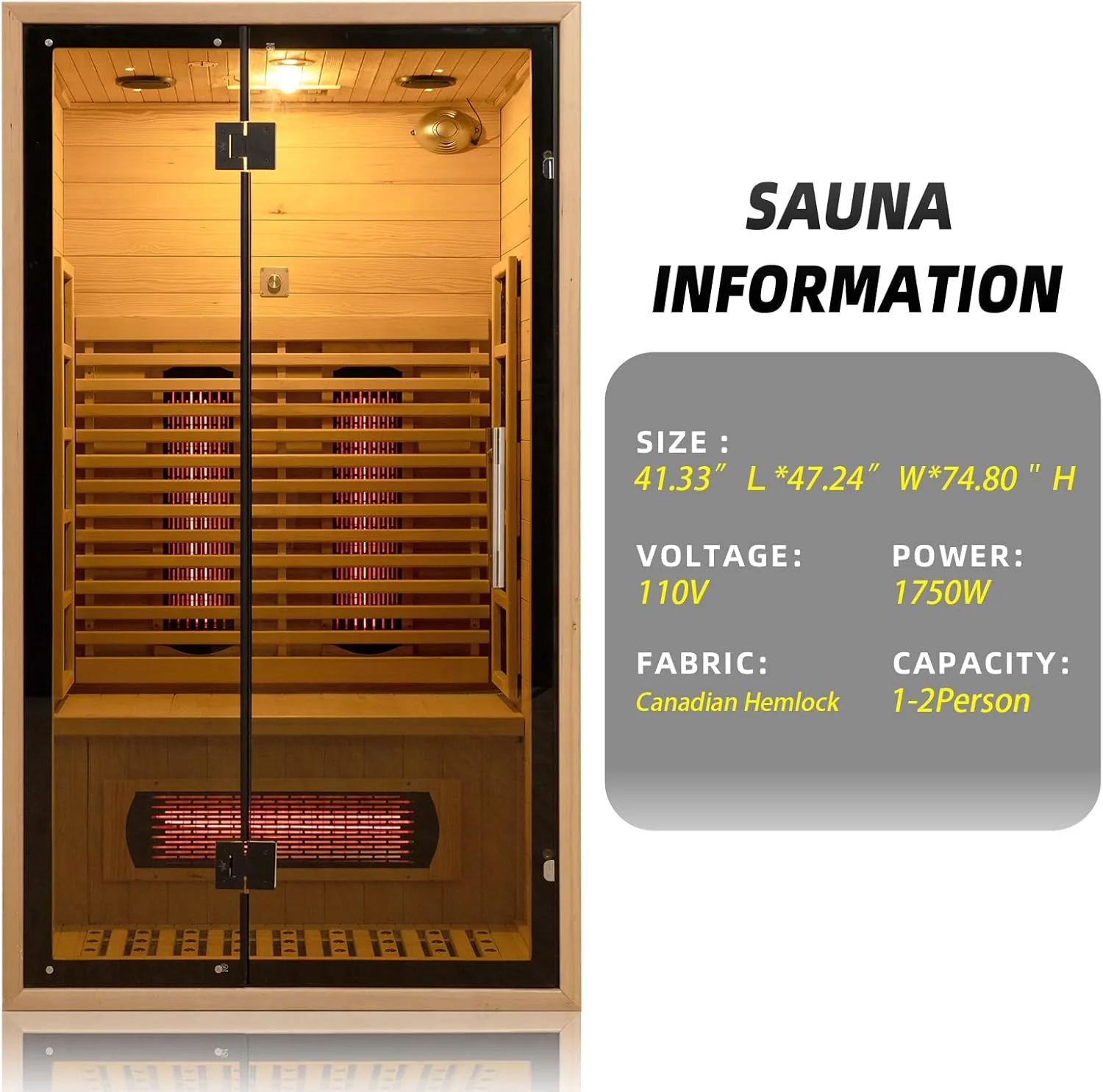 2-Person Red Light Far Infrared Indoor Sauna, 1750W/110V, Canadian Hemlock, 41.33in x 47.24in x 74.80in - Image 2