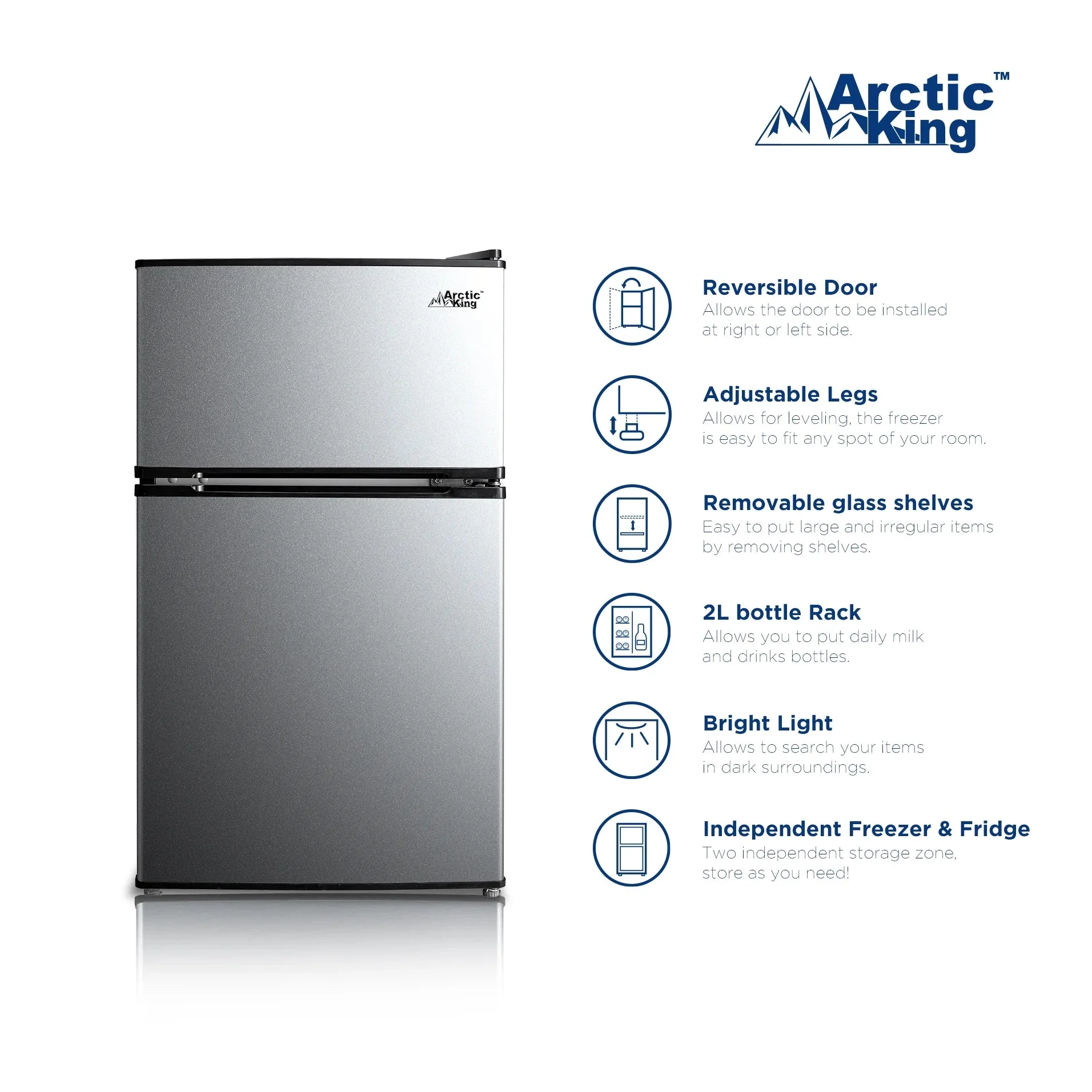 Arctic King Two-Door Mini Fridge With Freezer, 3.2 Cu ft, 18.5 in x 19.4 in x 33.3 in, Stainless Steel - E-Star - Image 10