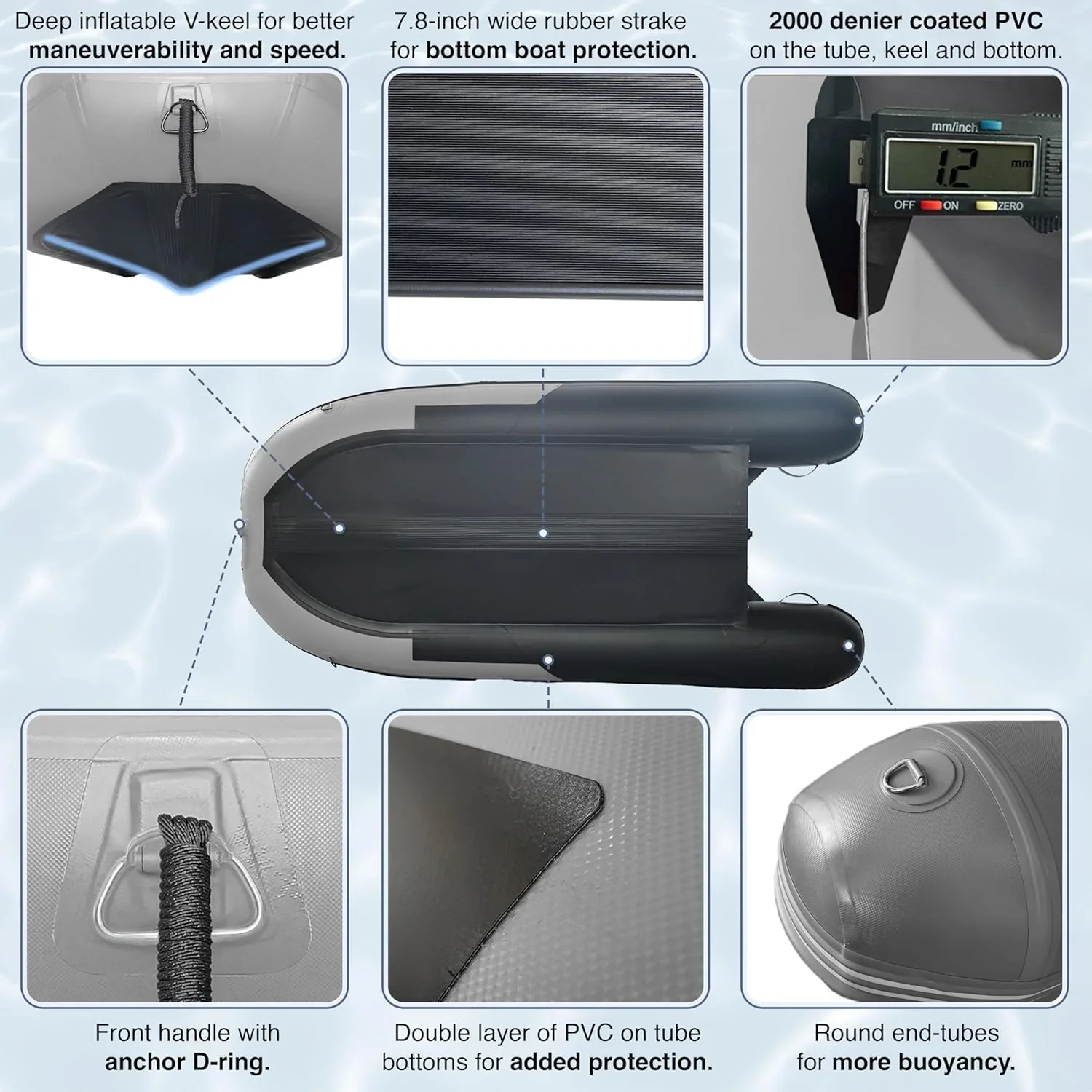 Inflatable Boat | Yacht Dinghy Tender Raft | Multi Person Fishing Boat | Aluminum Floor Oars | Fishing Rod Holders | Heavy-Duty PVC | 2024 Model | - Image 12