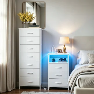 White Nightstand & Dresser Set with Storage, LED & Charging Station