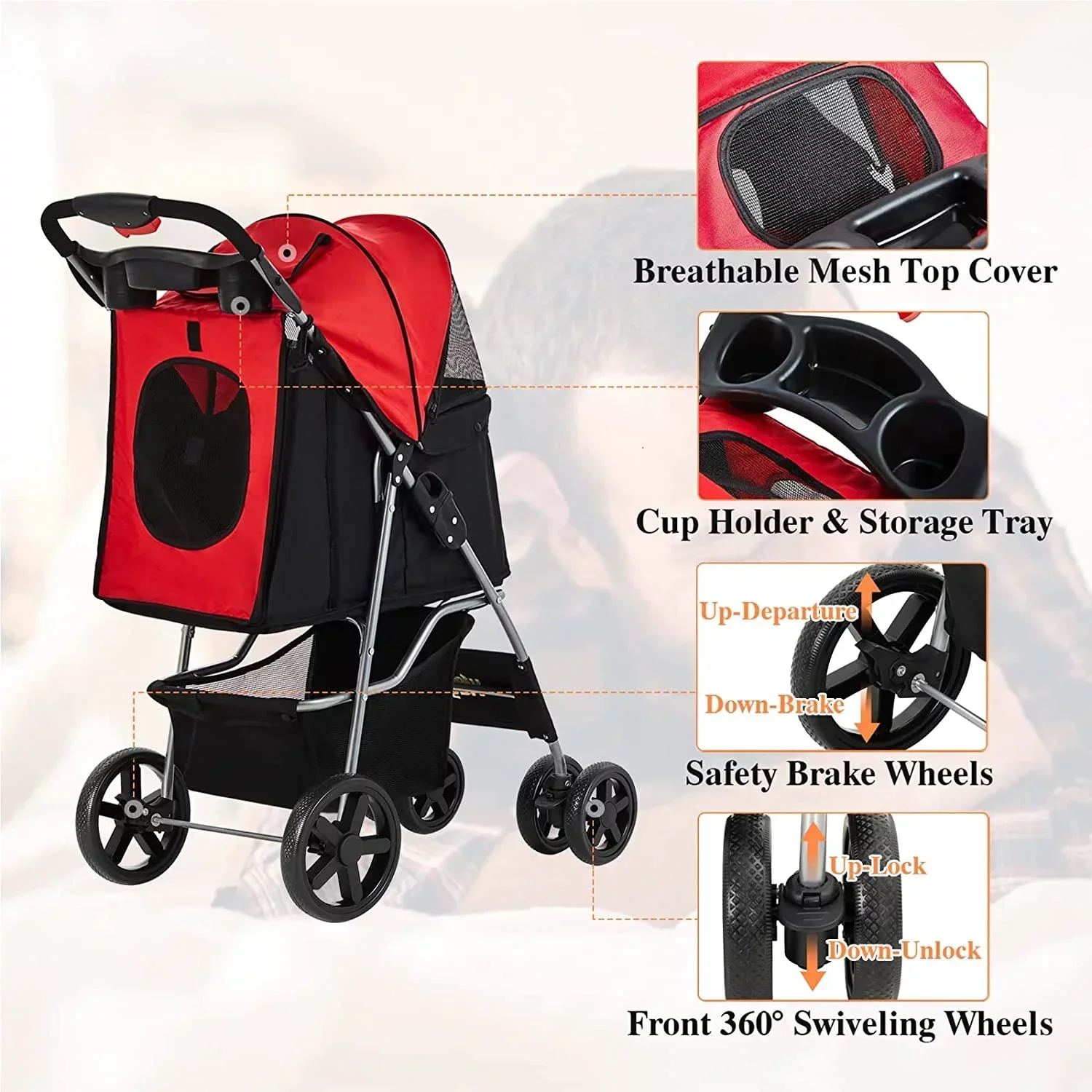 Afuhokles Pet Stroller For Small And Medium Dogs And Cats, 4 Wheels, 35lbs - Folding Storage Basket - Image 4
