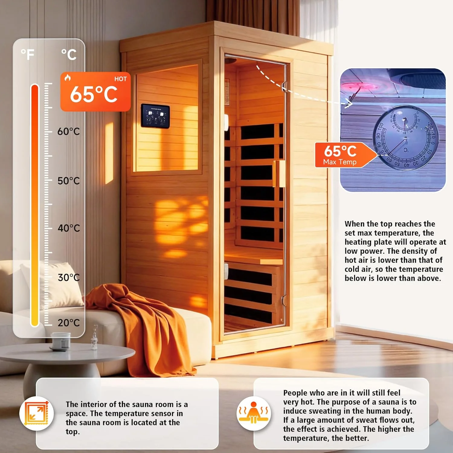 Far Infrared Home Sauna Spa Room, Canadian Hemlock Wood, 1200W, 110V, 35.2 x 27.6 x 61.6 Inch - Image 5