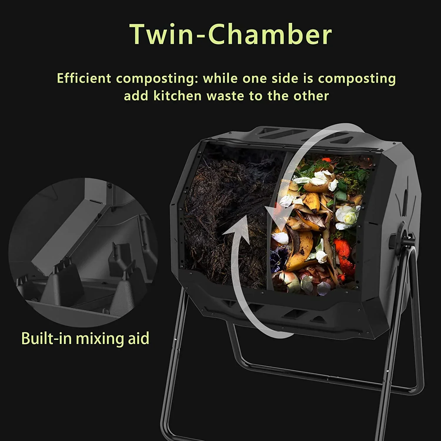 Large Compost Tumbler Bin Dual Compartment Better AirCirculation Efficient Compost BPA Free Sturdy Steel Frame 43Gallon (2 21.5Gal) Blue Door - Image 7
