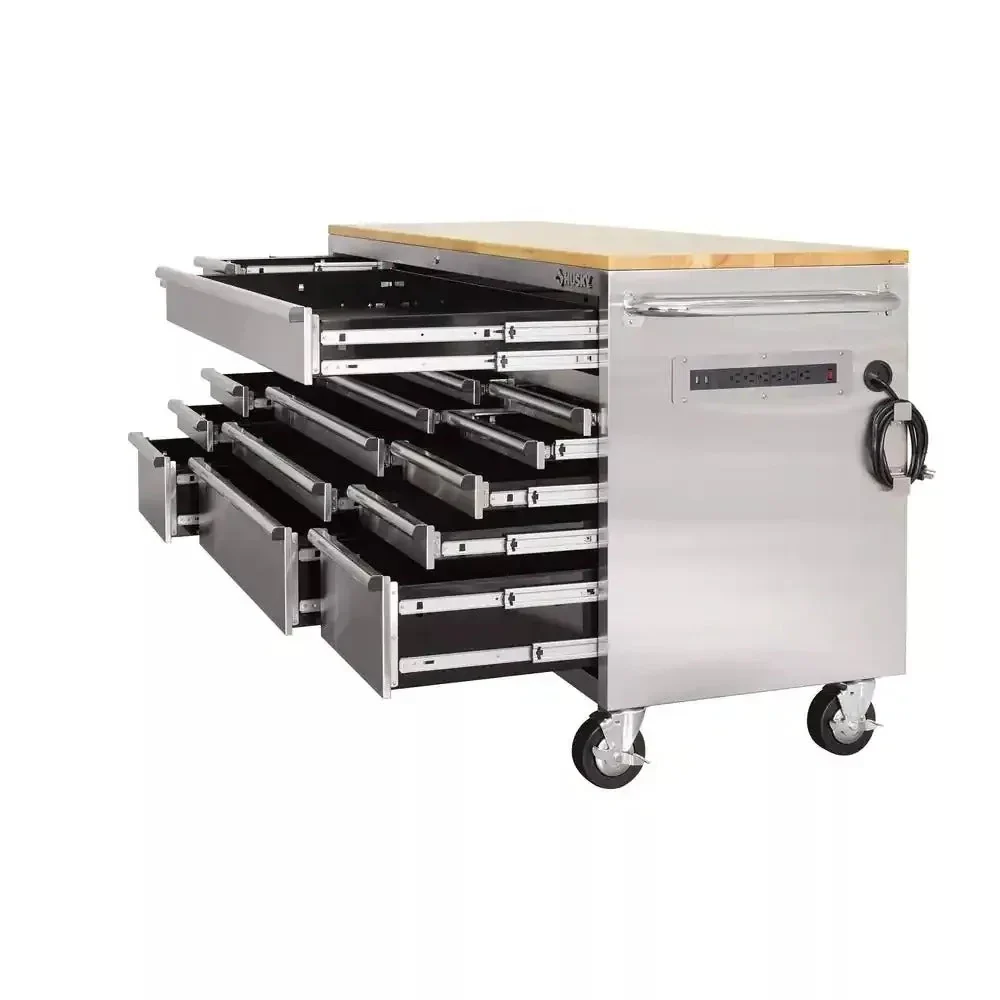 72 in 18-Drawer 24 in. D Mobile Workbench with Solid Wood Top Stainless Steel - Image 4