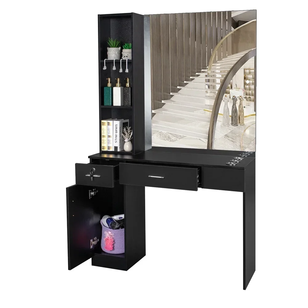OmySalon Wall-Mount Barber Station With Mirror, 2 Drawers, 1 Storage Cabinet And 3 Open Shelves - Image 7