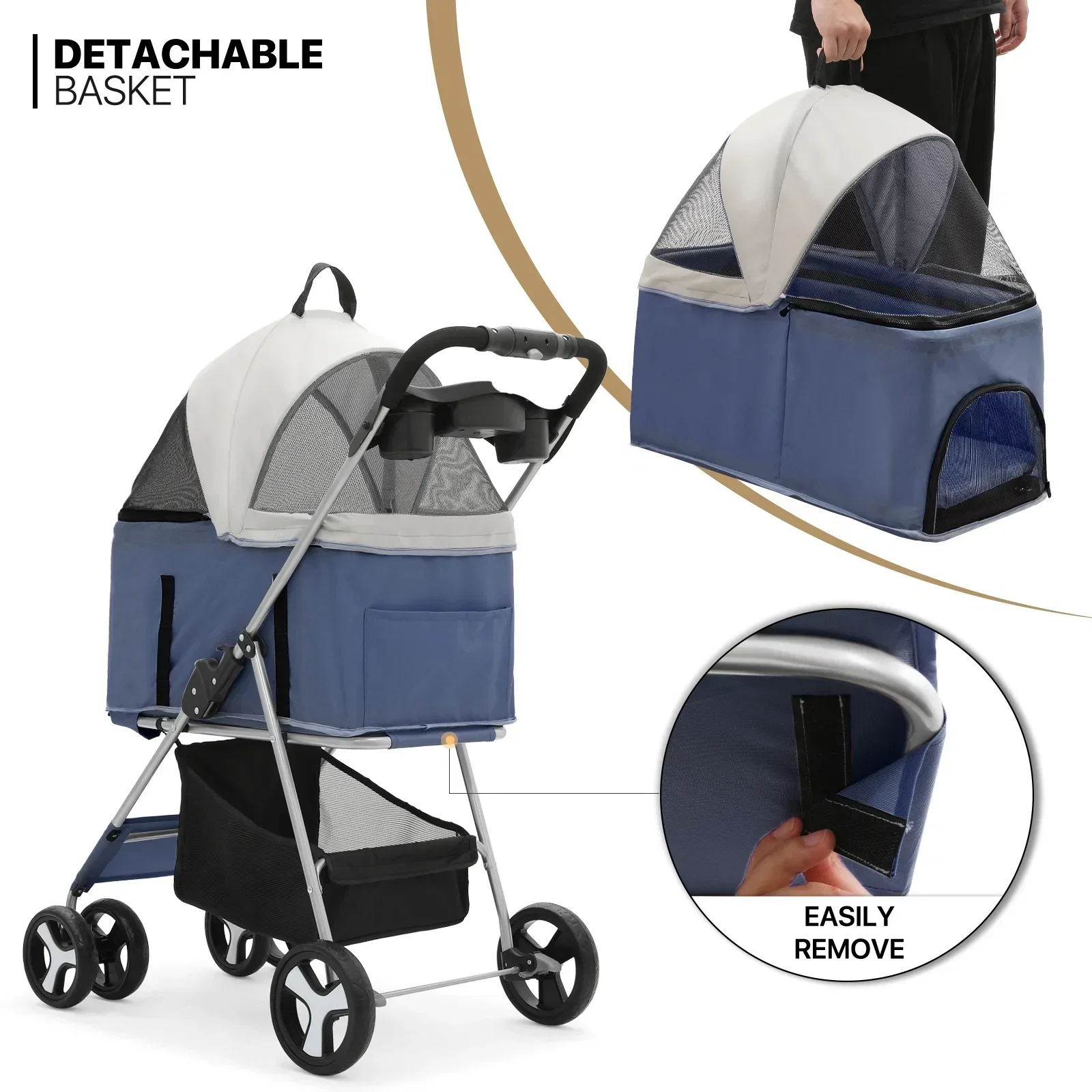 MoNiBloom 4-Wheel Foldable Pet Stroller, 33 lbs, Navy Blue - Image 3