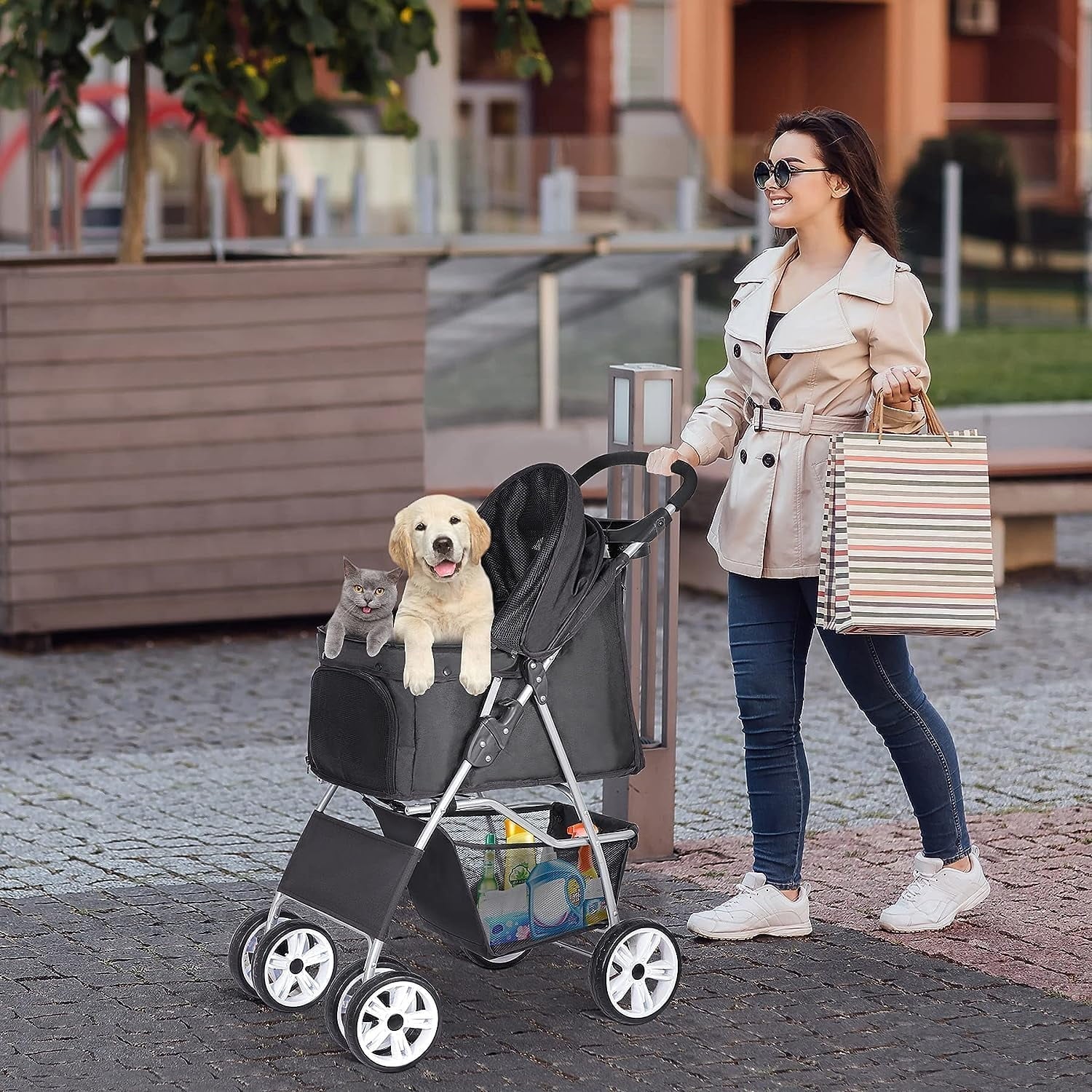 Foldable Cat/Dog Pet Stroller With 4 Wheel, Storage Basket, Cup Holder - Black - Image 8