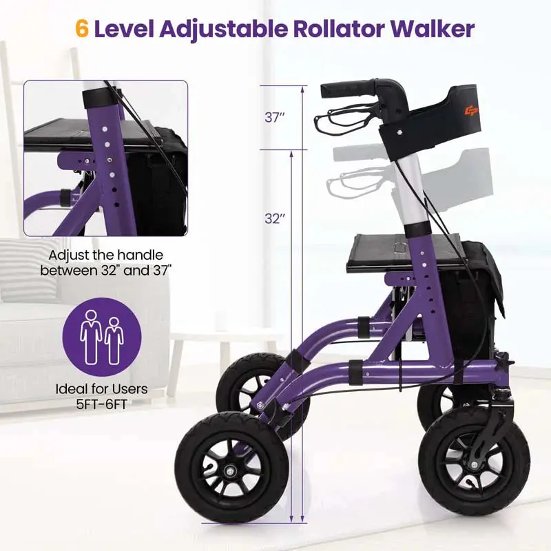 Heavy-Duty Foldable Rollator Walker With 9.5in Pneumatic Wheels, Built-In Seat, Blue Or Purple - Image 5