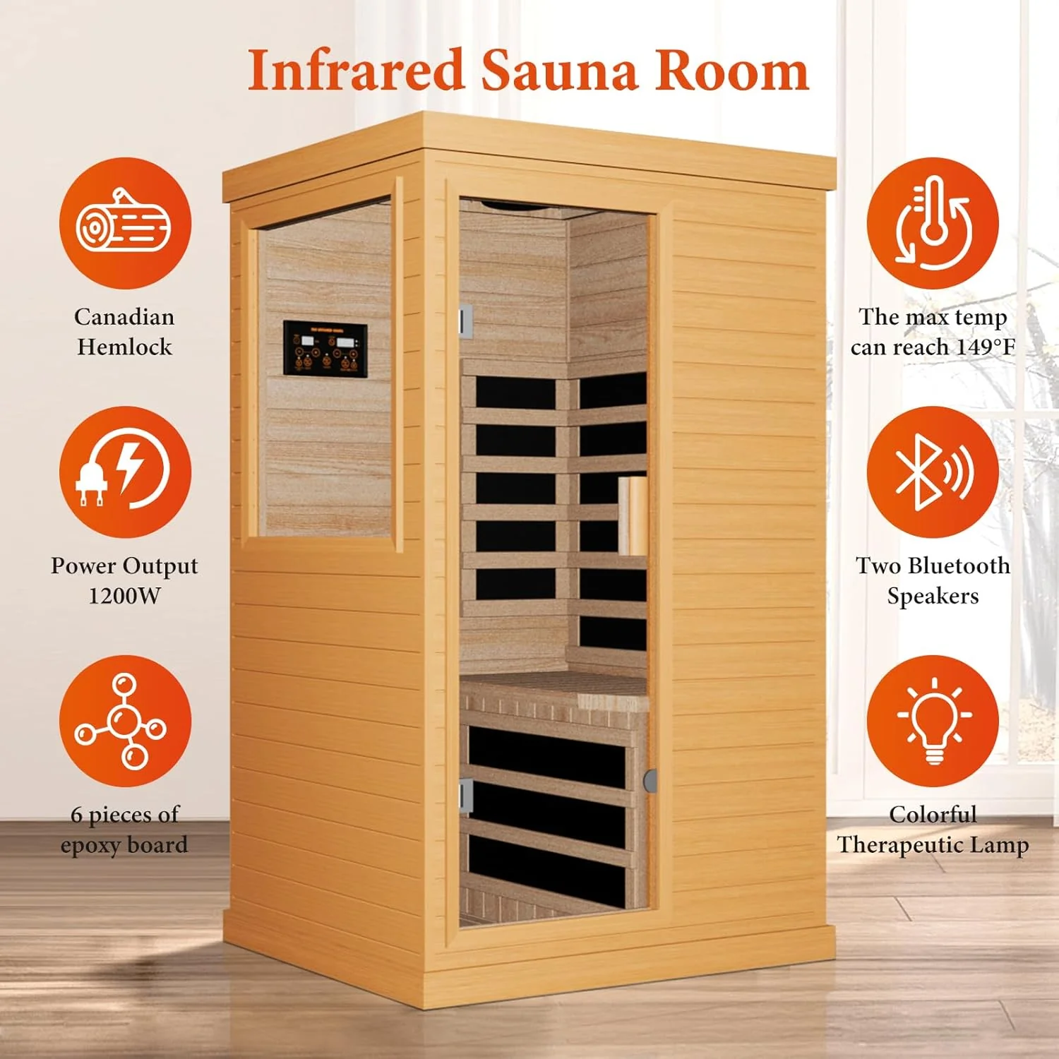 Far Infrared Home Sauna Spa Room, Canadian Hemlock Wood, 1200W, 110V, 35.2 x 27.6 x 61.6 Inch - Image 3