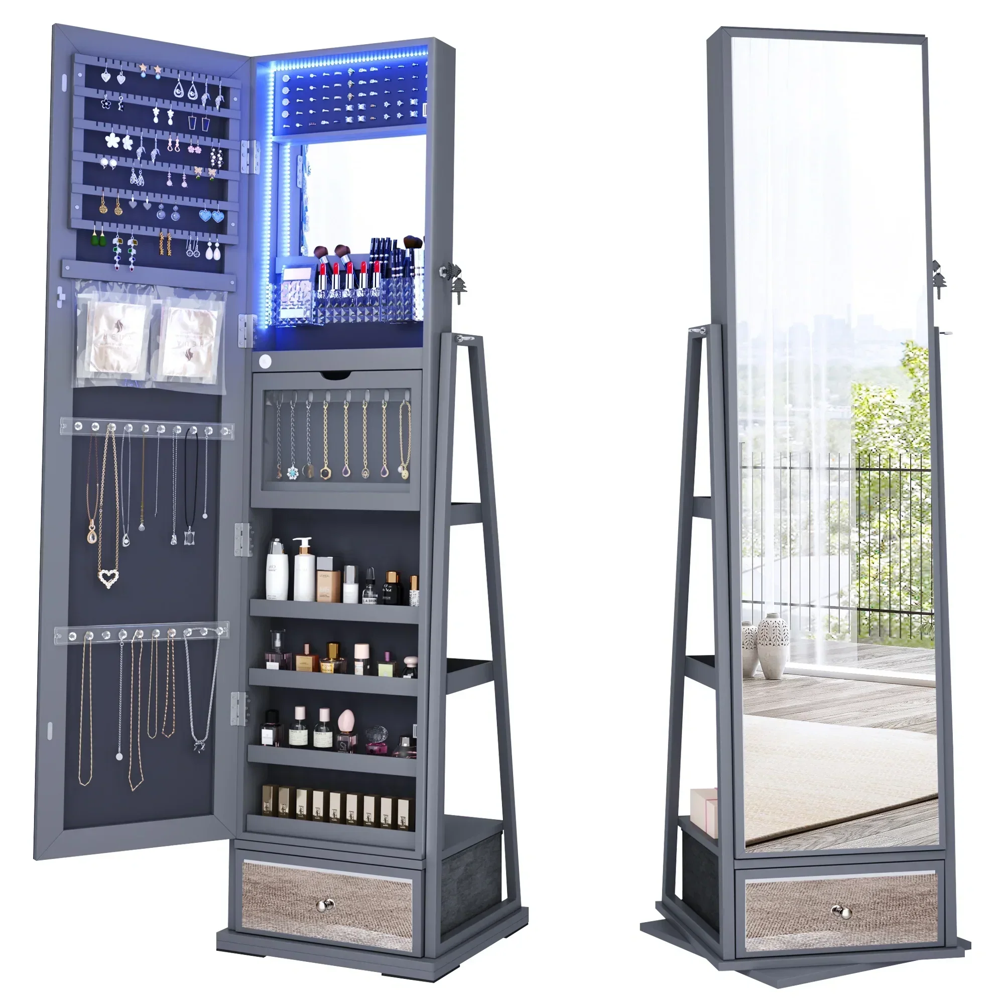 FREDEES Standing Jewelry Cabinet With Full-Length Mirror, Lights, Engineered Wood, Gray, 14 in D x 15 in W x 64 in H