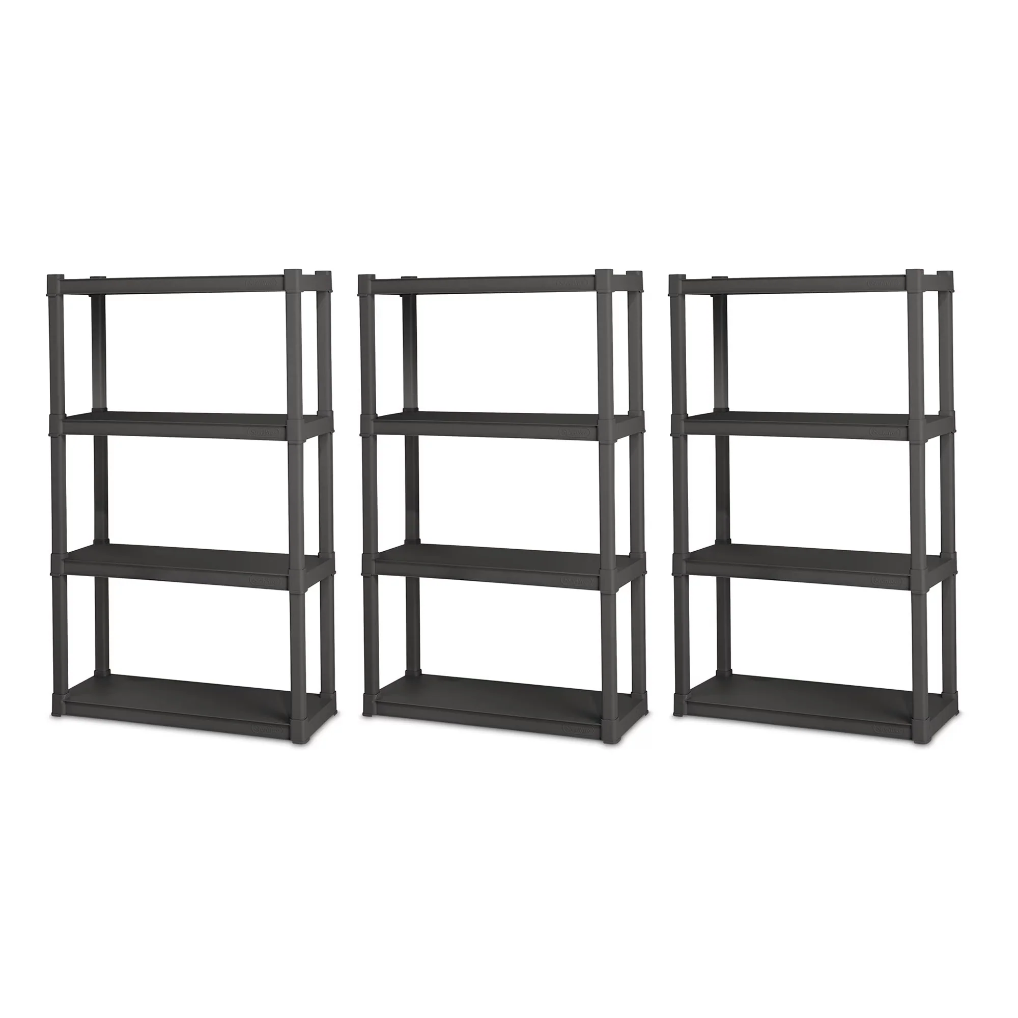 Sterilite Plastic Indoor Outdoor 4-Shelf Shelving Unit, Flat Gray, 3 Pack