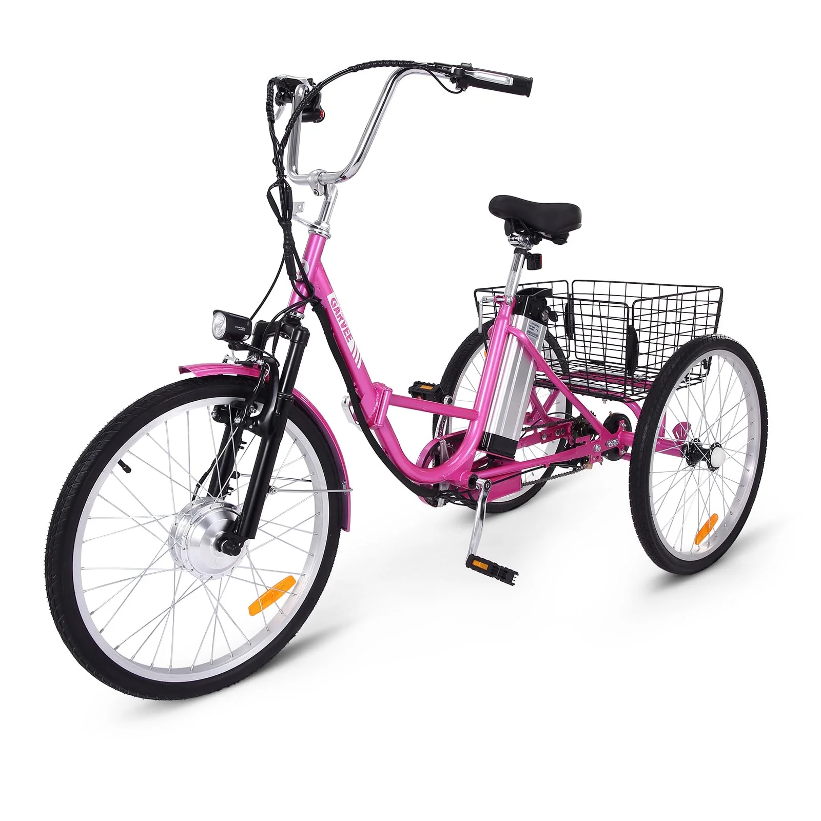 Electric Tricycle for Adults, 7 Speeds Folding Electric Trike, 24 Inch 3 Wheel Motorized Bicycle w/ 36V 10Ah Removable Battery, E Trikes with Large Basket, 330 Loading Capacity, 250W Motor, Pink - Image 6