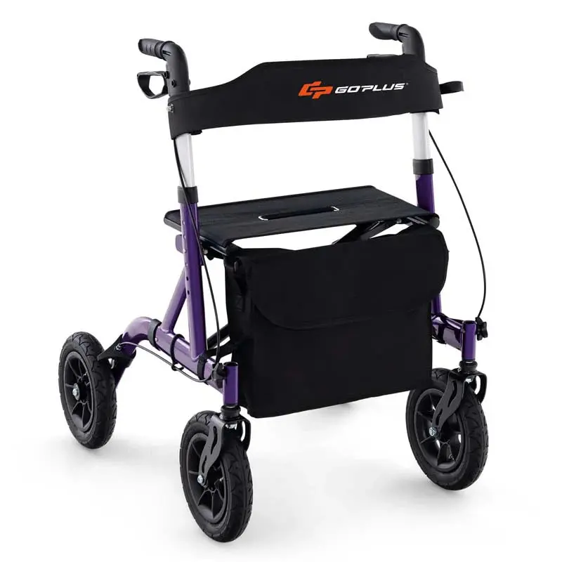 Heavy-Duty Foldable Rollator Walker With 9.5in Pneumatic Wheels, Built-In Seat, Blue Or Purple - Image 2
