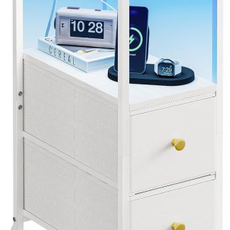 Fixwal Narrow Side Table with Charging Station and LED Light, Skinny Nightstand with 2 Fabric Drawers, Slim End Table for Bedroom, Dorm, Small Space, White