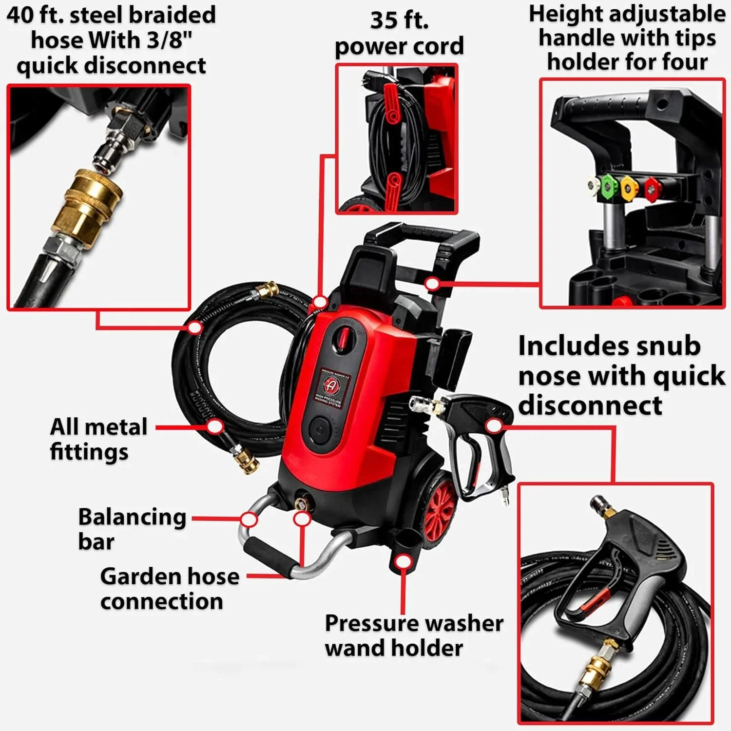 Electric Pressure Washer 2.0, Powerful 1.4 GPM 2000 PSI Car Pressure Washer Sprayer, Snub Nose & Tip Attachment, Use,Car Soap, Patio Boat RV Motorcycle Car Garage Deck Adam's Polishes - Image 4
