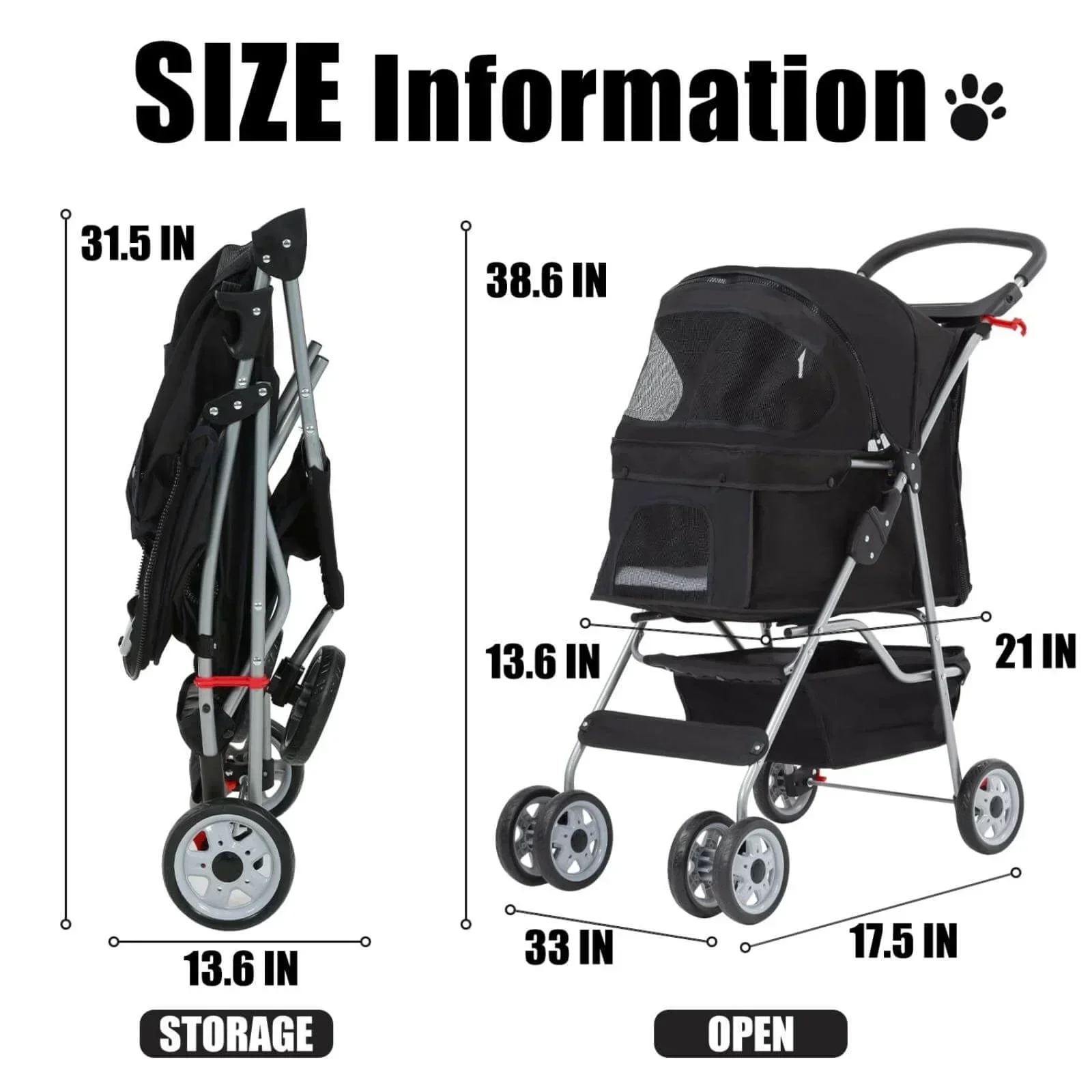 Foldable Dog And Cat Pet Stroller With Storage Basket, Removable Liner And 4 Wheels - Black - Image 5