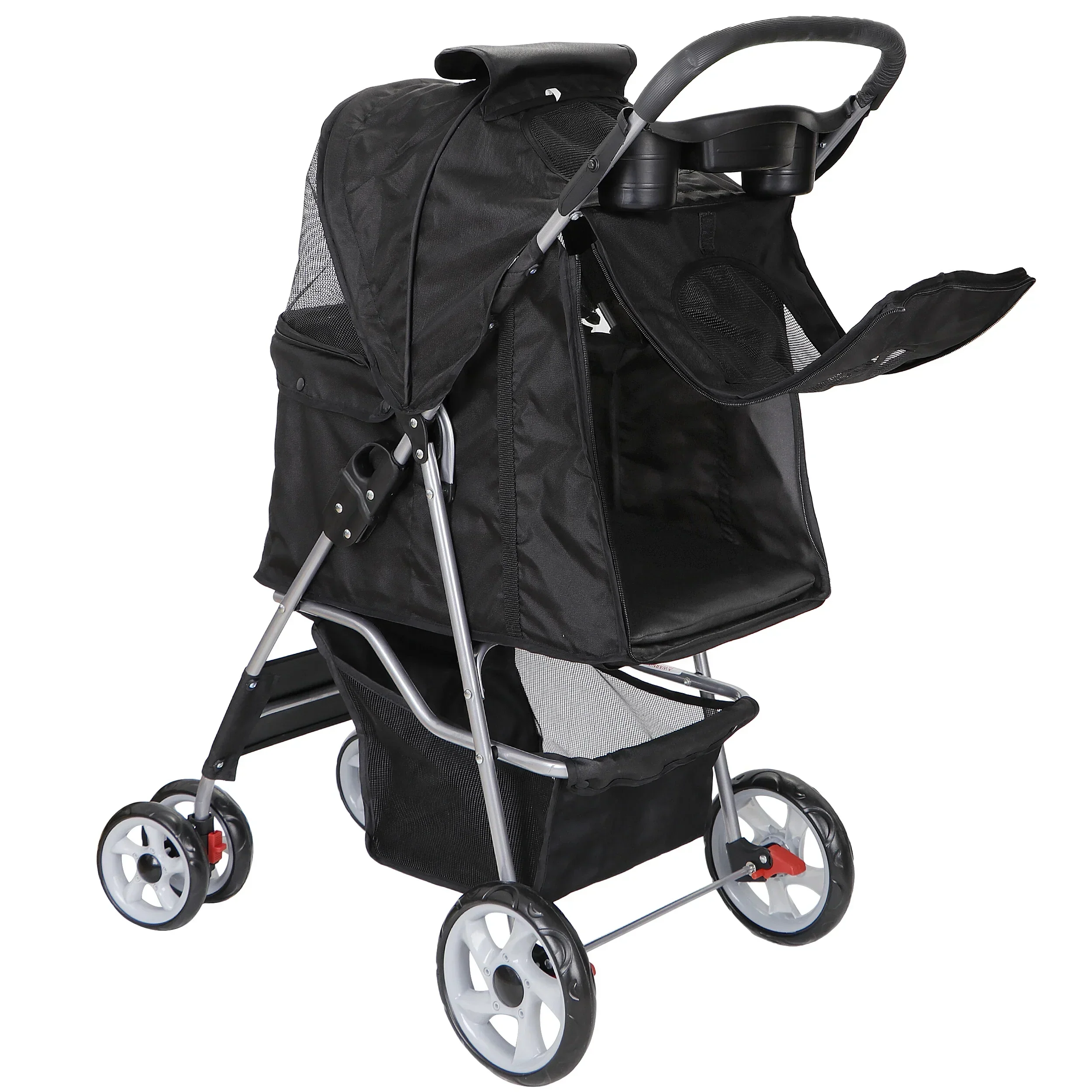 HomGarden 4 Wheel Foldable Pet Stroller Carrier Cart With Storage Basket And Cup Holder - Black - Image 7