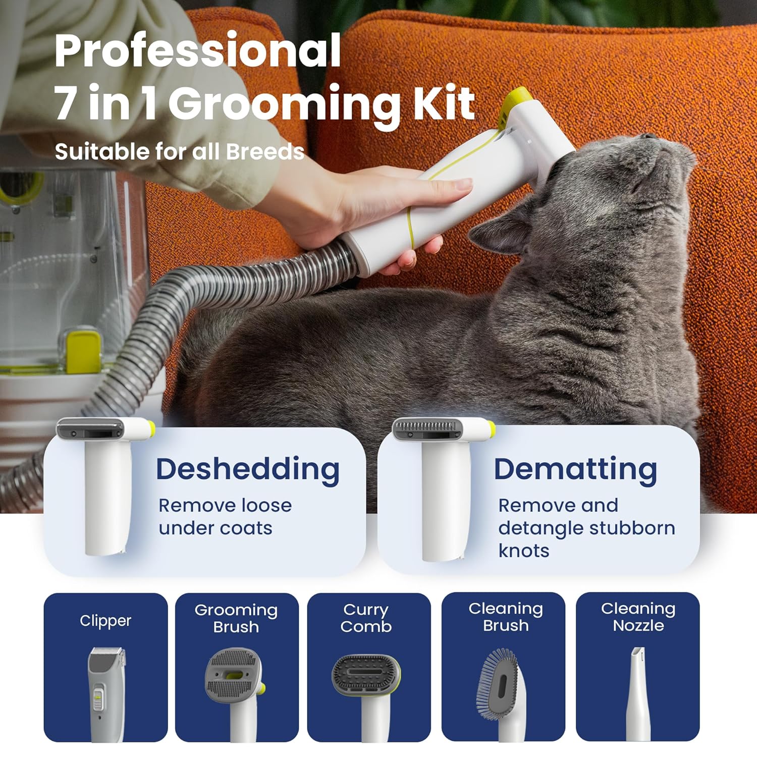 PAWSPIK Pet Grooming Vacuum Kit, 7 Tools, 6 Suction Levels, 2.2L Dust Bin - GroomingPro Rx - Image 3