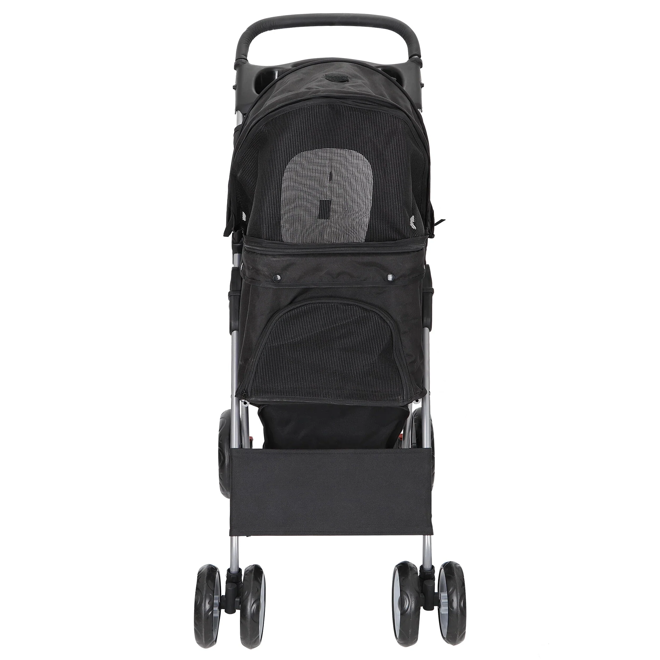 HomGarden 4 Wheel Foldable Pet Stroller Carrier Cart With Storage Basket And Cup Holder - Black - Image 8