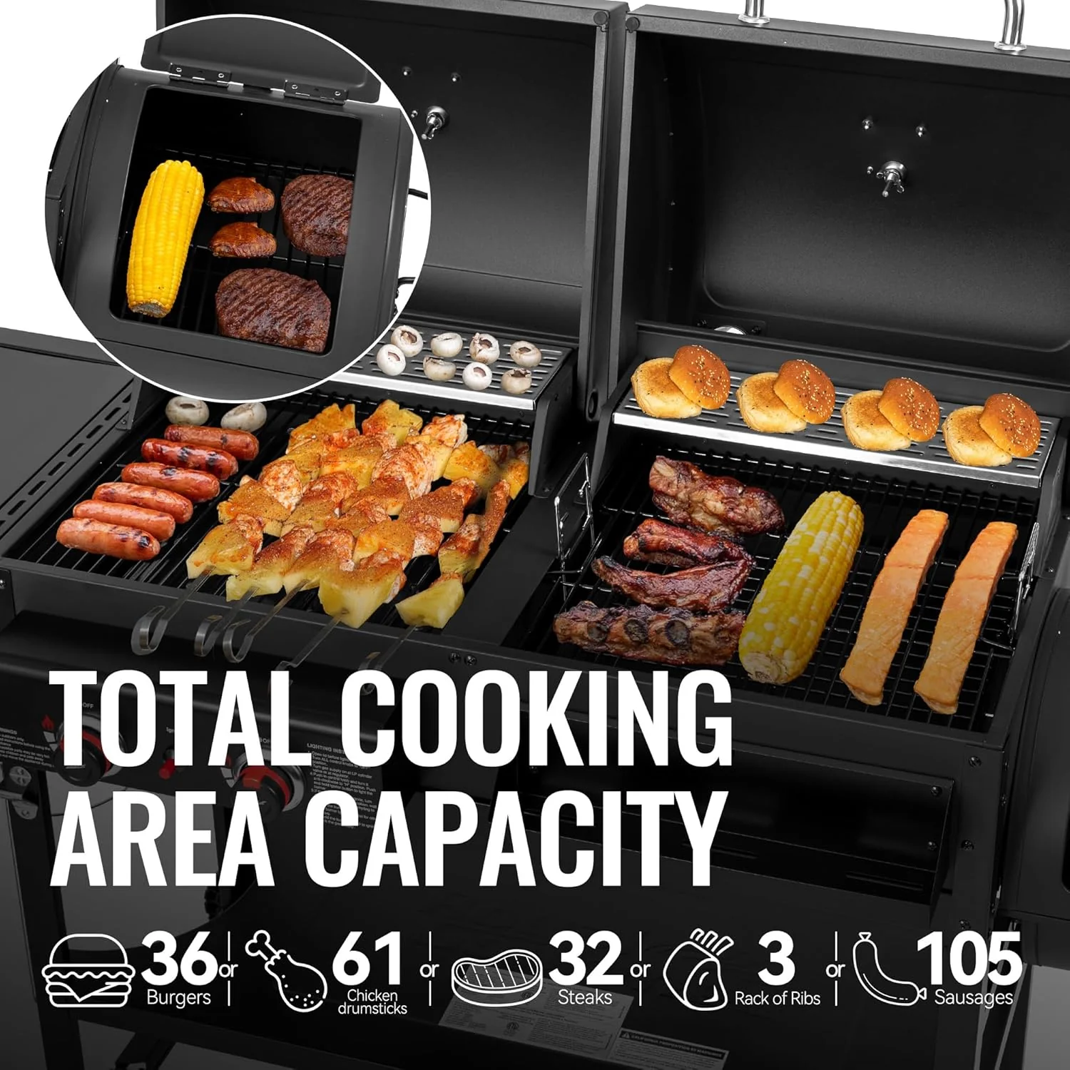 2-Burner Gas & Charcoal Combo Grill with Smoker & Side Burner, 34,000 BTU, 1020 Sq In, Black - Image 3