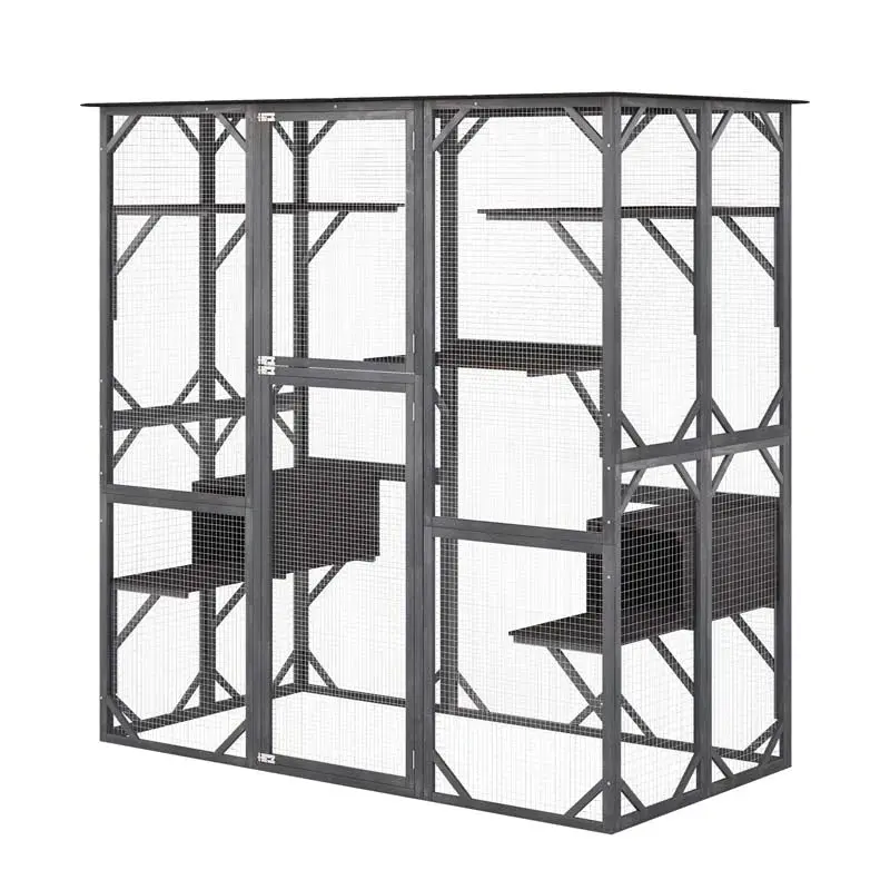 71-Inch Outdoor Wooden Catio Enclosure With 7 Platforms And 2 Condos - Grey - Image 3