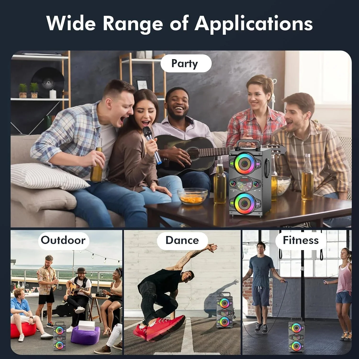 Speakers, 60W Portable Wireless Loud Outdoor Home Party Bluetooth Speaker with Subwoofer, FM Radio, LED Colorful Lights, Microphone, Remote and Big Powerful Stereo Deep Bass Sound Boombox - Image 7