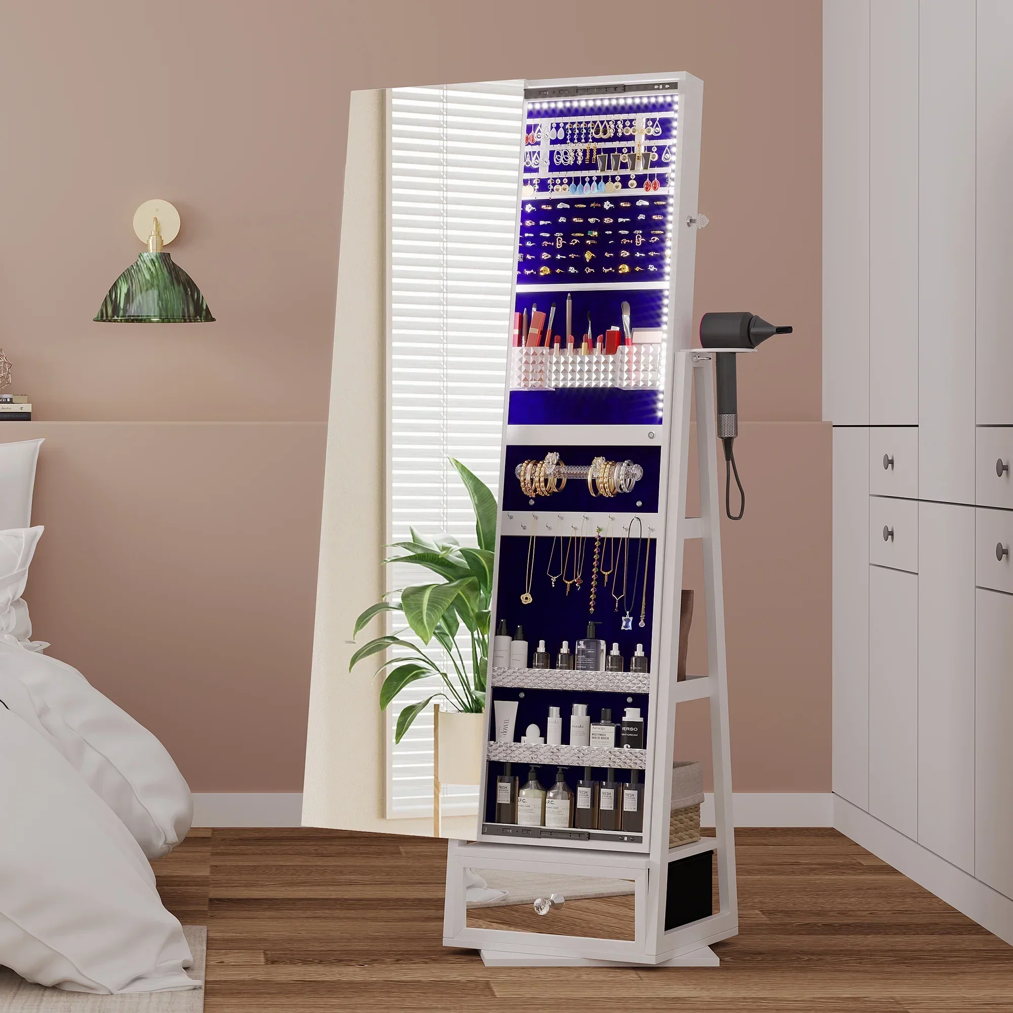 LVSOMT 360 Swivel Jewelry Cabinet With Lights, 53.5 x 14.5 in Full-Length Mirror, White - Image 9
