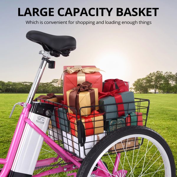 Electric Tricycle for Adults, 7 Speeds Folding Electric Trike, 24 Inch 3 Wheel Motorized Bicycle w/ 36V 10Ah Removable Battery, E Trikes with Large Basket, 330 Loading Capacity, 250W Motor, Pink - Image 3
