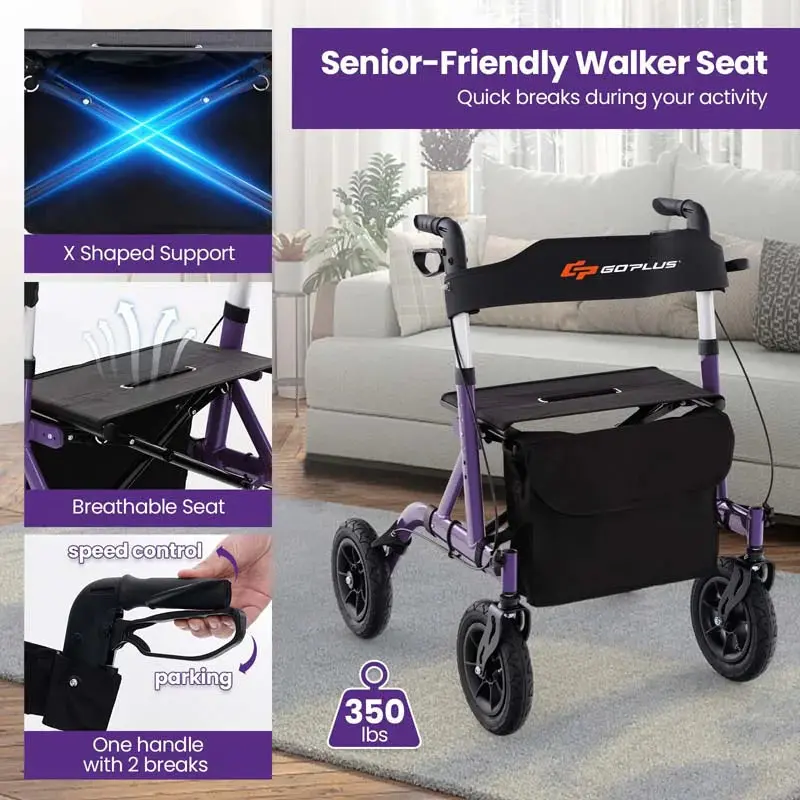Heavy-Duty Foldable Rollator Walker With 9.5in Pneumatic Wheels, Built-In Seat, Blue Or Purple - Image 7