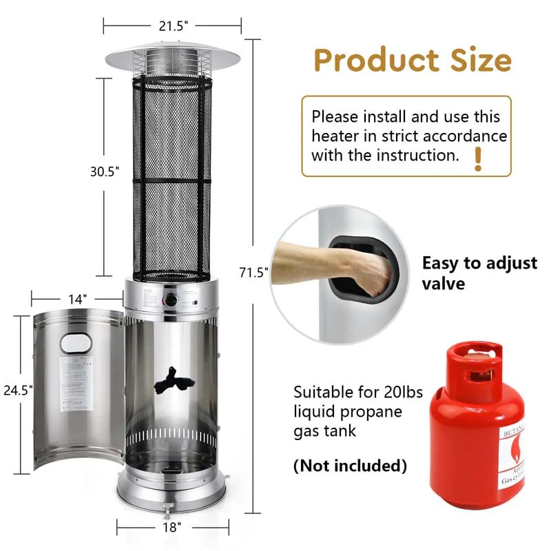 41000 BTU Standing Propane Patio Heater with Wheels, Stainless Steel Round Glass Tube Gas Outdoor Heater - Image 8