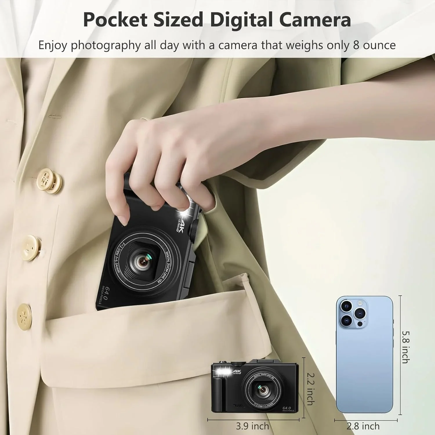 4K Digital Camera for Photography, 64MP Vlogging Camera for YouTube with 3" 180° Flip Screen, 18X Digital Zoom Point and Shoot Camara with 32GB Micro SD Card for Beginner (Black) - Image 8