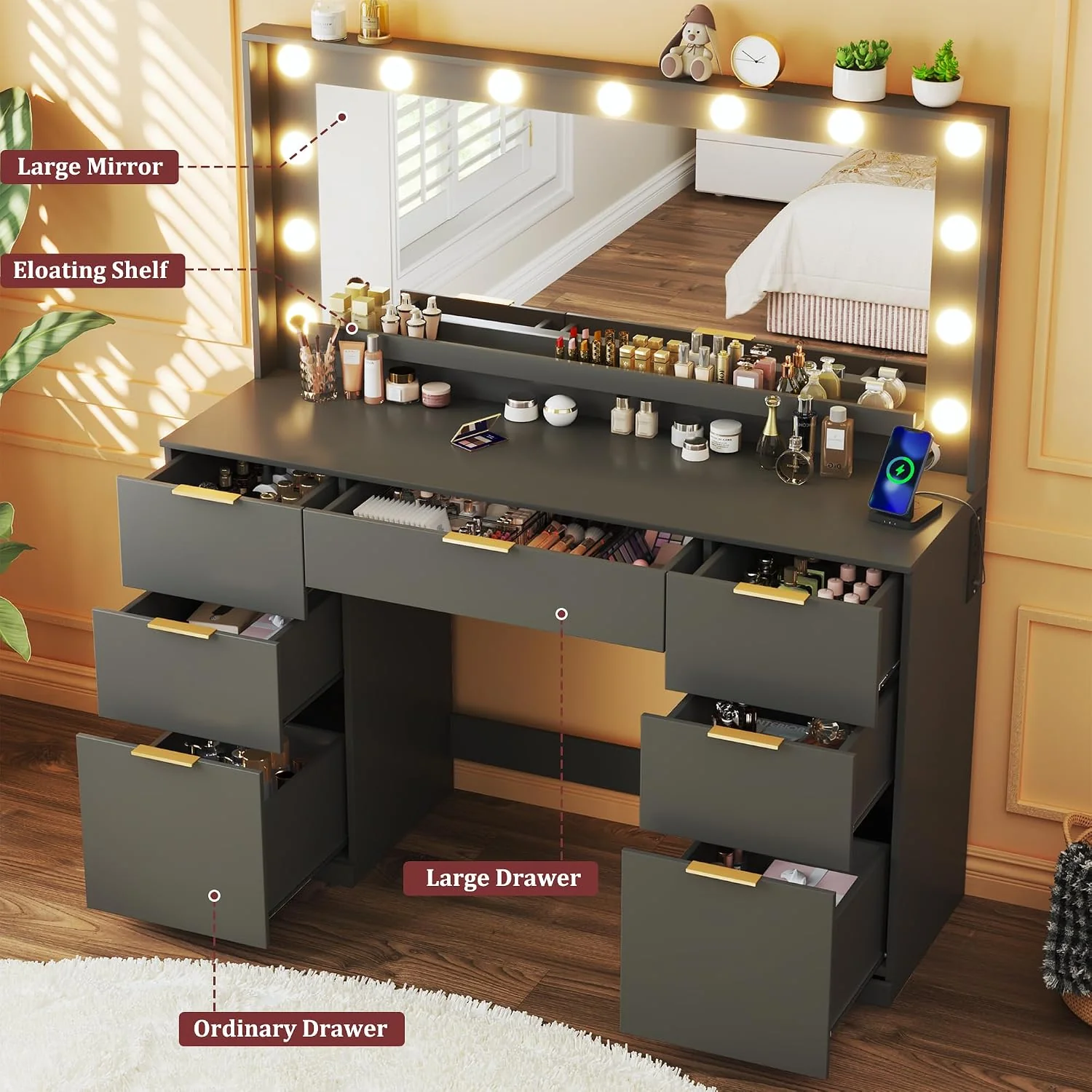 Fixwal Vanity Desk, 45.3in Makeup Vanity with 7 Drawers & Large Mirror, Black Vanity Desk for Bedroom - Image 4
