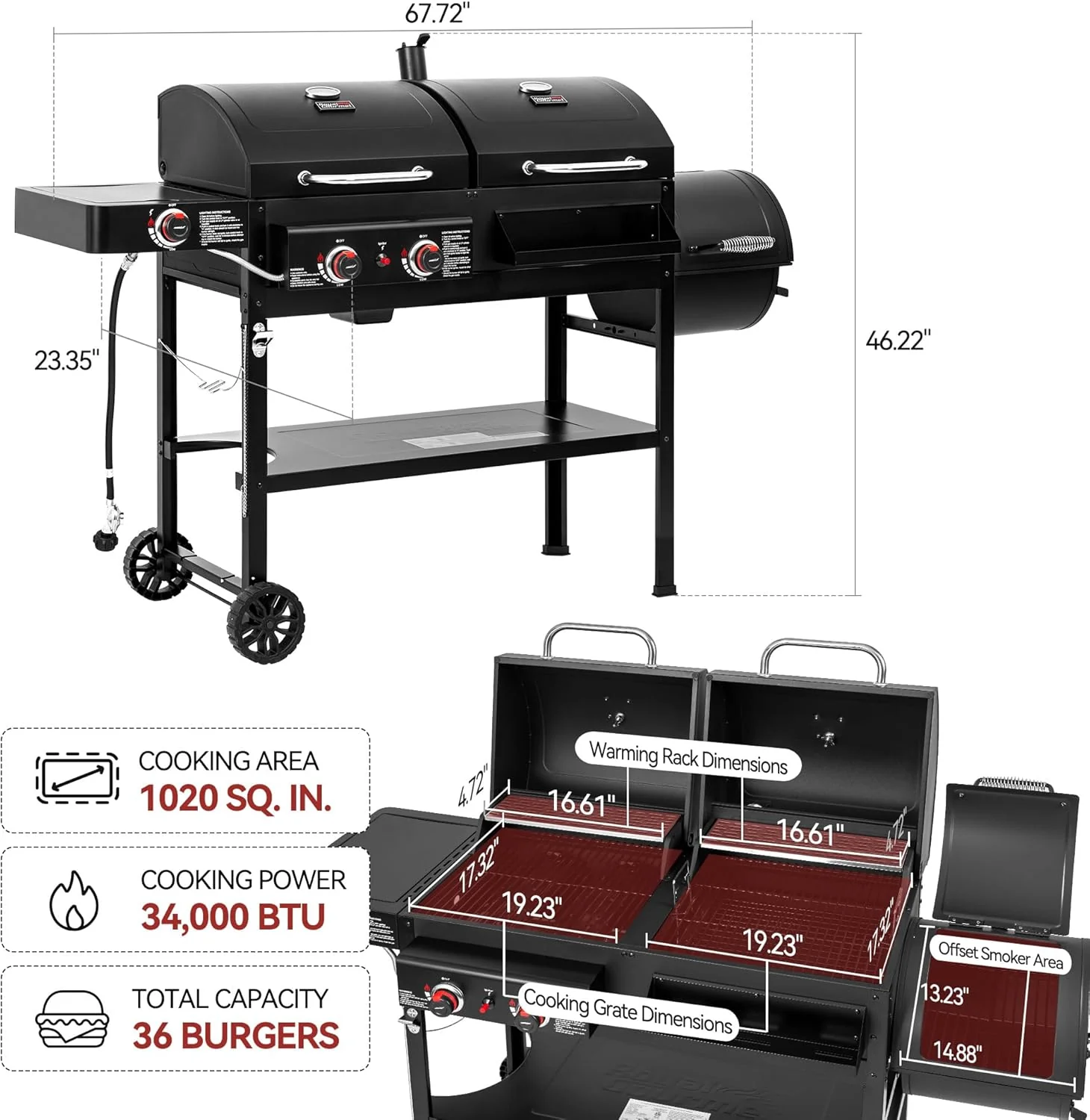 2-Burner Gas & Charcoal Combo Grill with Smoker & Side Burner, 34,000 BTU, 1020 Sq In, Black - Image 2