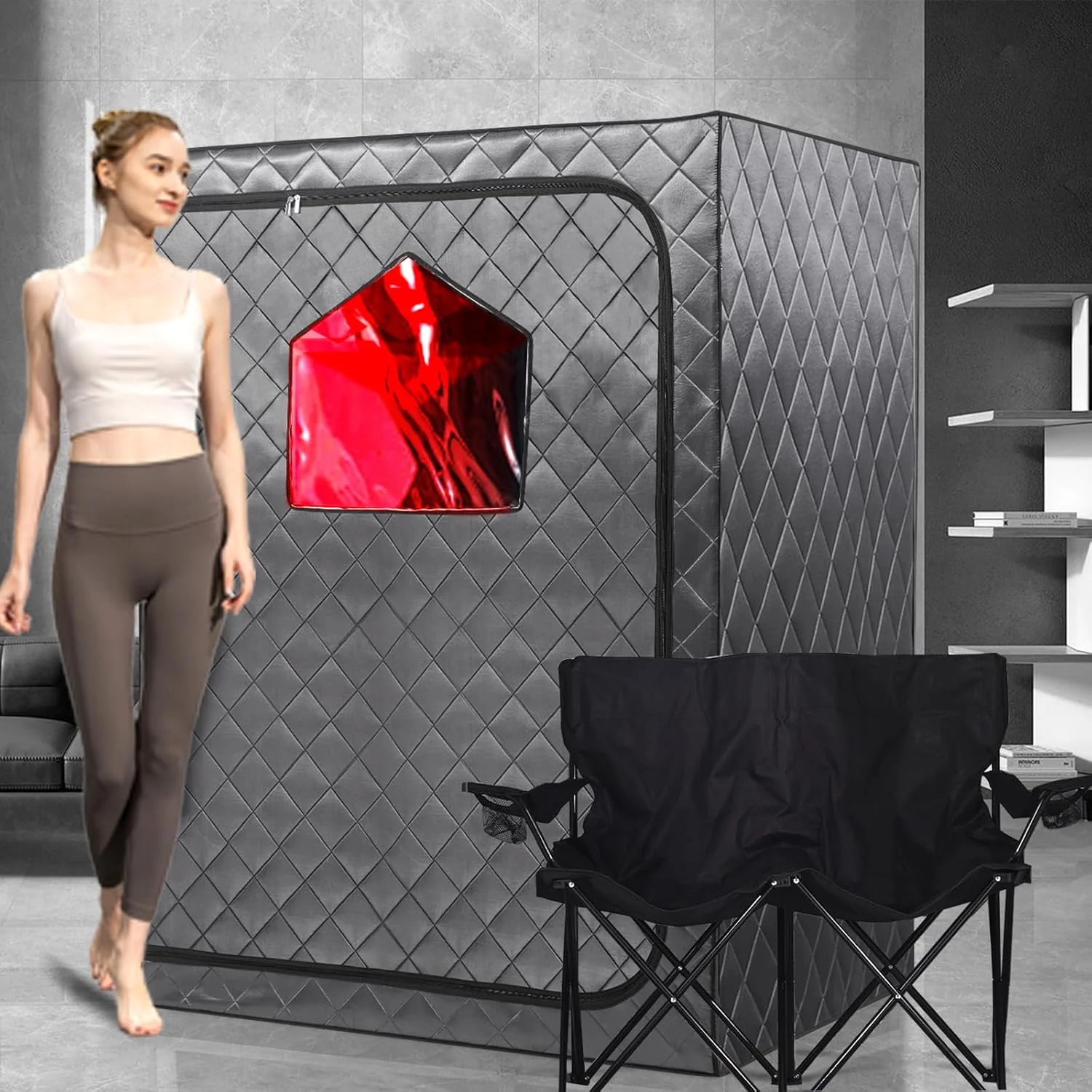 Portable 2-Person Infrared Sauna Tent With 2 Foldable Chairs, Remote Control, 1600 Watt, 140 Fahrenheit