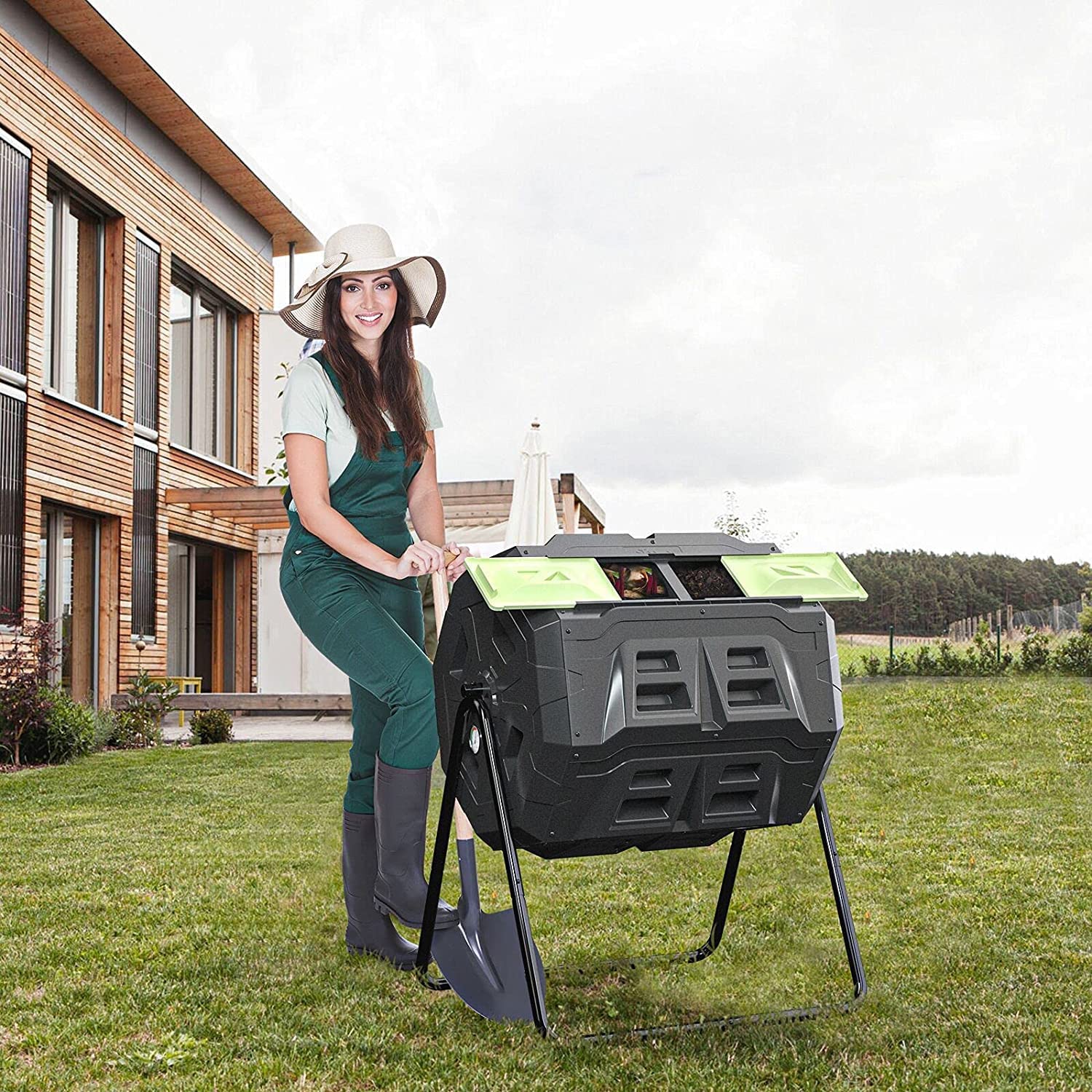 Large Compost Tumbler Bin Dual Compartment Better AirCirculation Efficient Compost BPA Free Sturdy Steel Frame 43Gallon (2 21.5Gal) Blue Door - Image 11