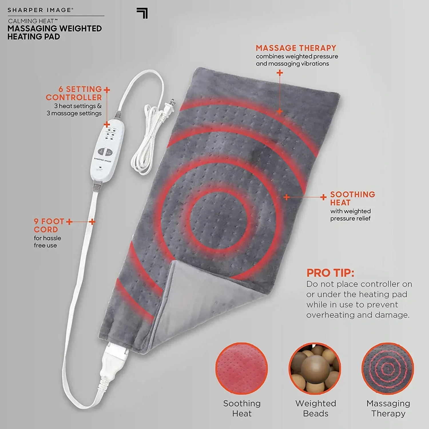 Sharper Image Calming Comfort Heat Massaging Weighted Heating Pad With Vibration, 12 Settings, 12 x 24 in, 4 lbs - Image 3