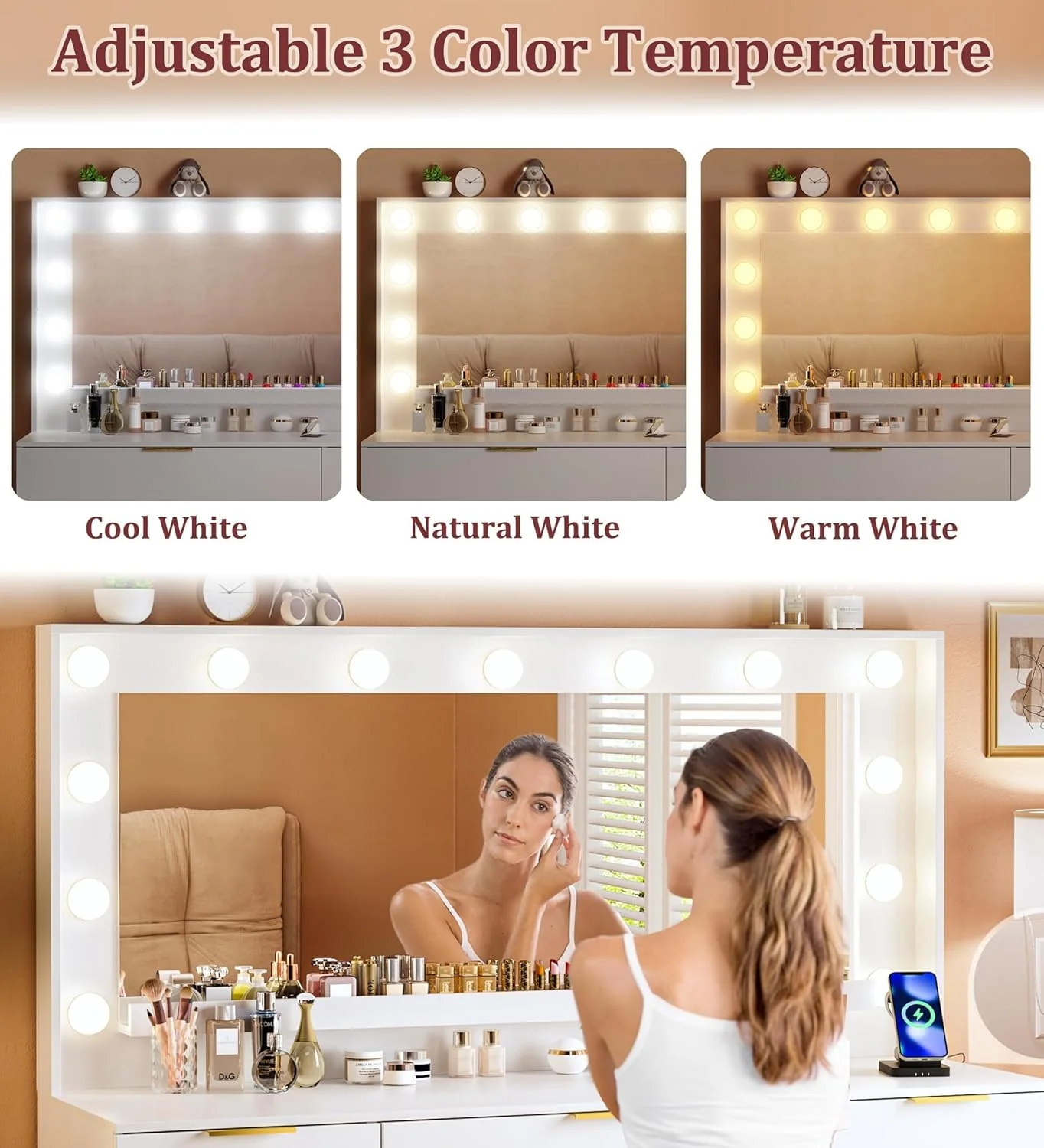 Fixwal 45.3" White Makeup Vanity Table with 9 Drawers, LED Lighted Mirror & Power Outlet - Image 4