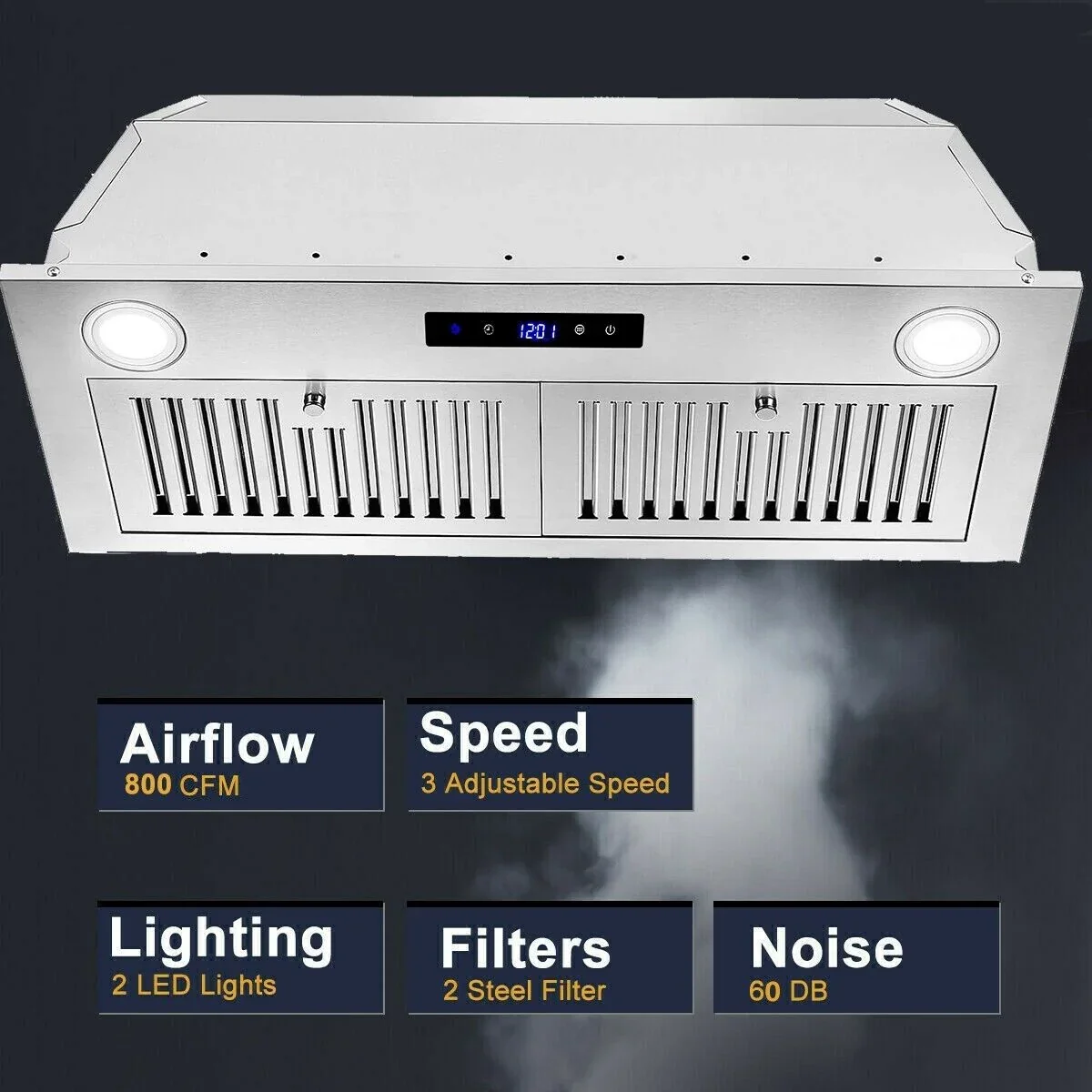 30 Inch Built-In Range Hood 800 CFM 3-Speed Touch Control - Image 9
