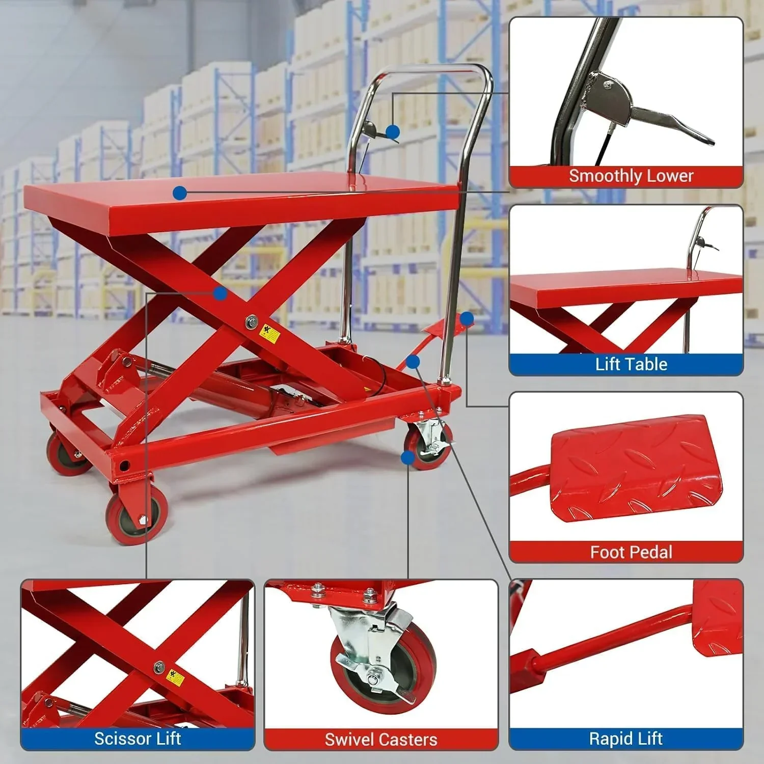500LBS Hydraulic Lift Table Cart, 30" Lifting Height., Double Scissor Lift Table with 4 Wheels and Non-Slip Pad, Hydraulic Scissor Lift Table for Material Handling and Transportation - Image 11